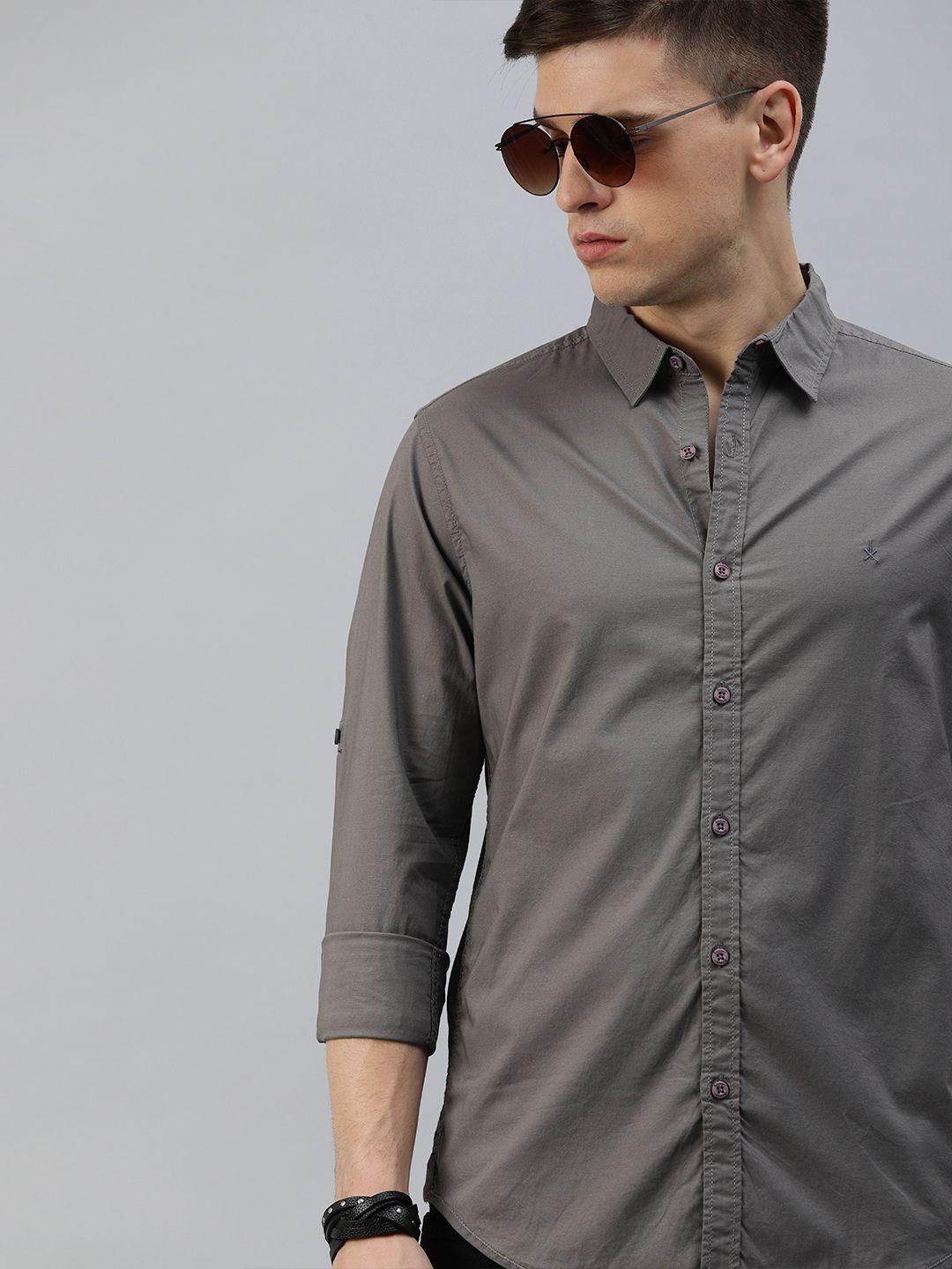 roadster men charcoal grey stretchable sustainable casual shirt