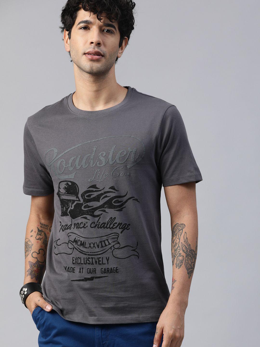 roadster men charcoal printed round neck pure cotton t-shirt