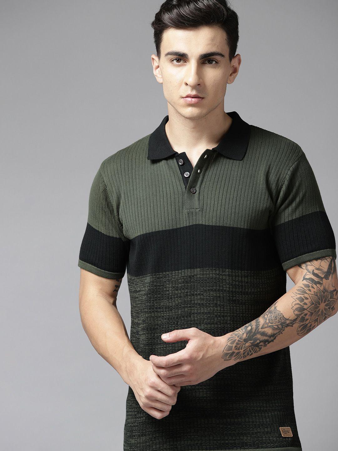 roadster men colourblocked polo collar slim fit pure cotton t-shirt