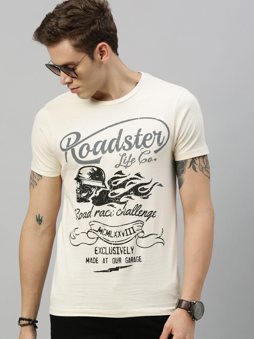 roadster men cream-coloured printed round neck t-shirt