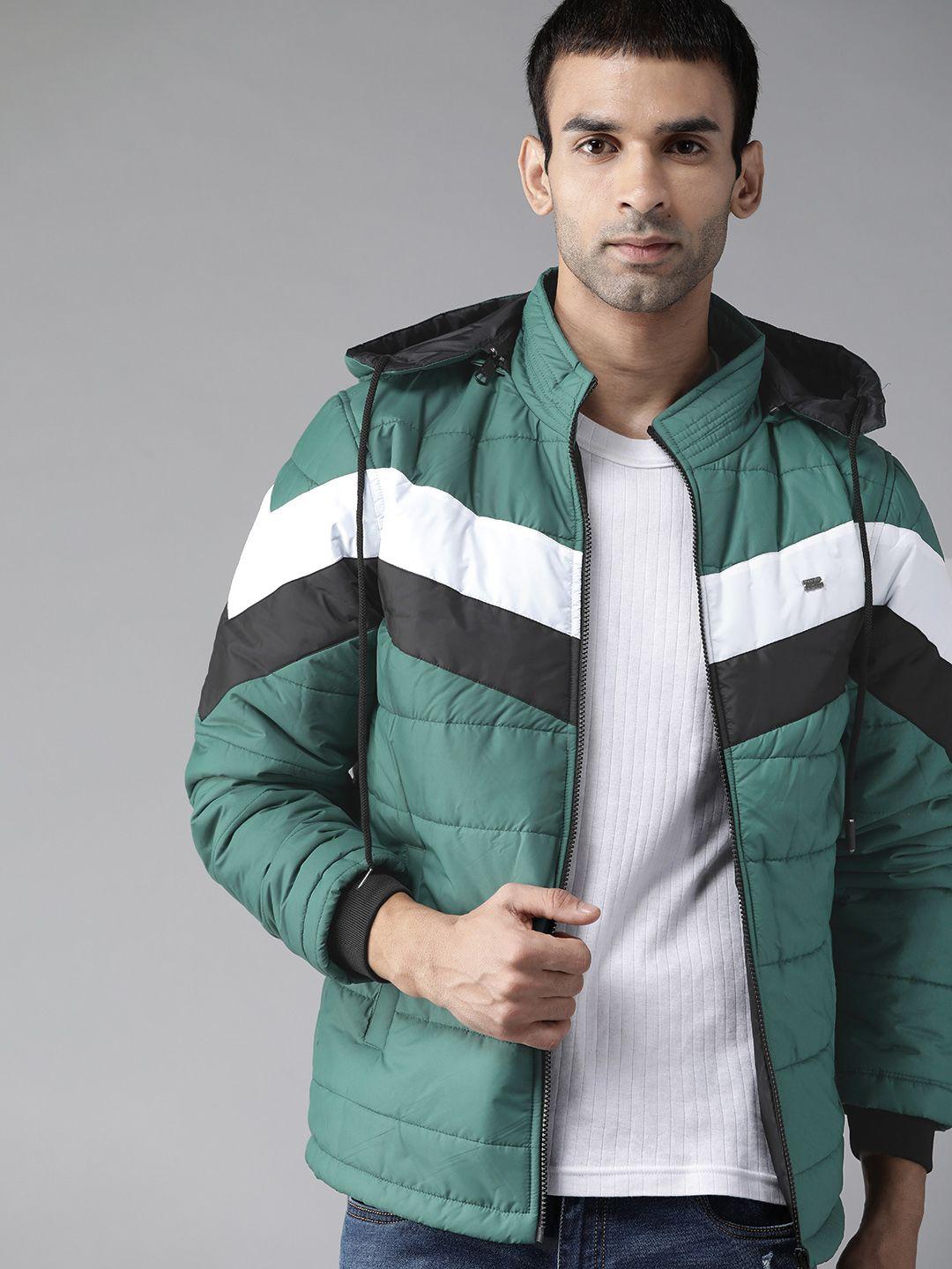 roadster men green & white colourblocked padded jacket