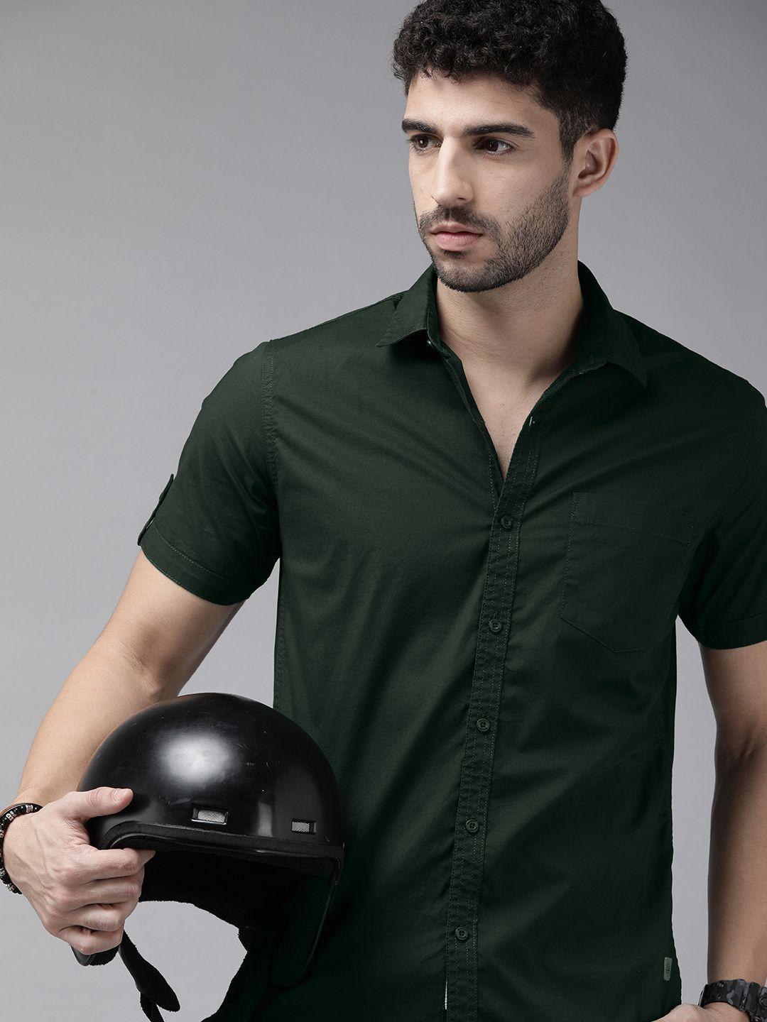 roadster men green slim fit opaque sustainable casual shirt