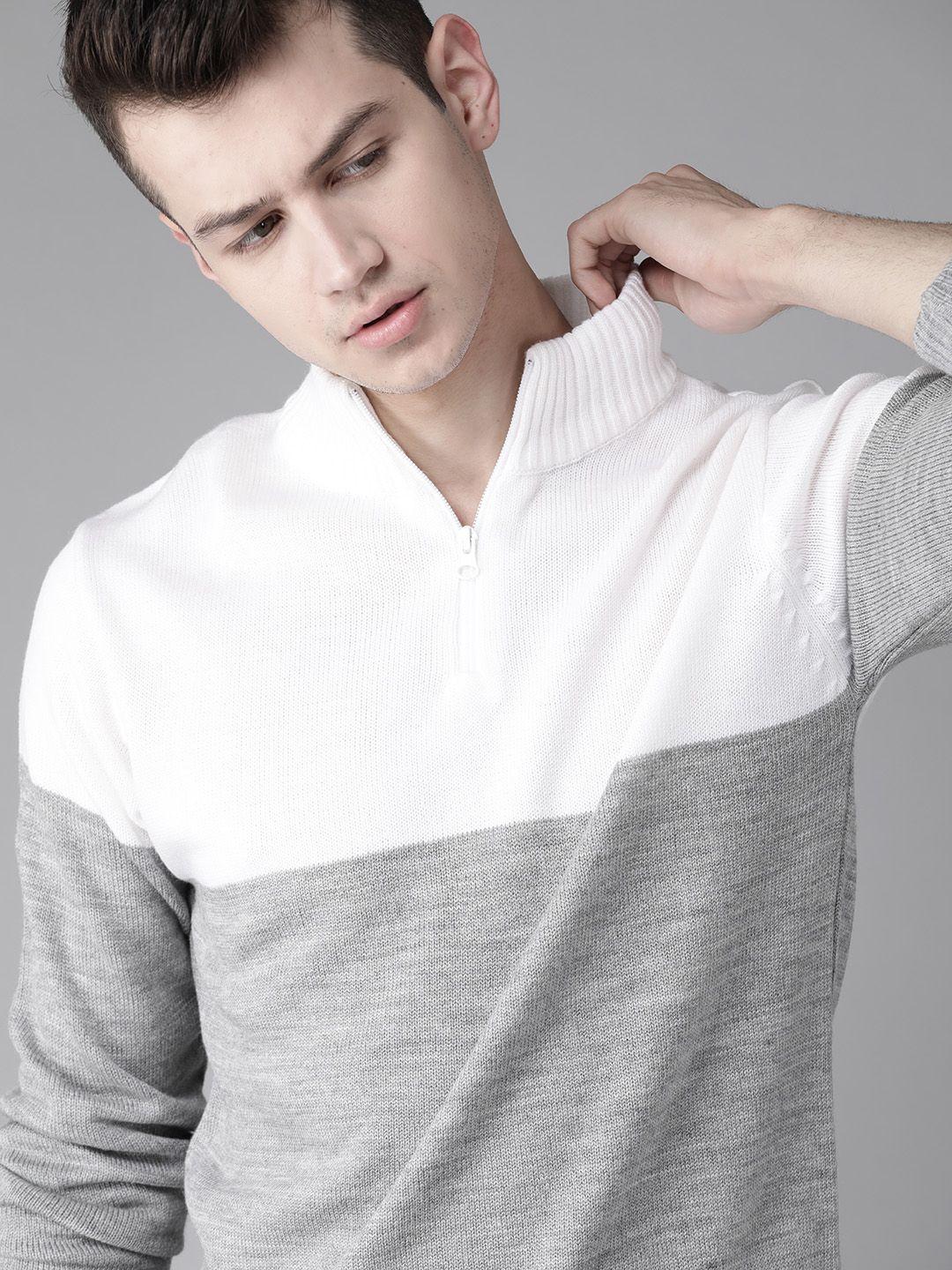 roadster men grey melange & white colourblocked pullover sweater