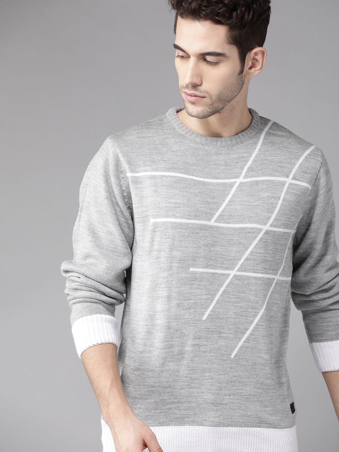 roadster men grey melange & white self-design pullover