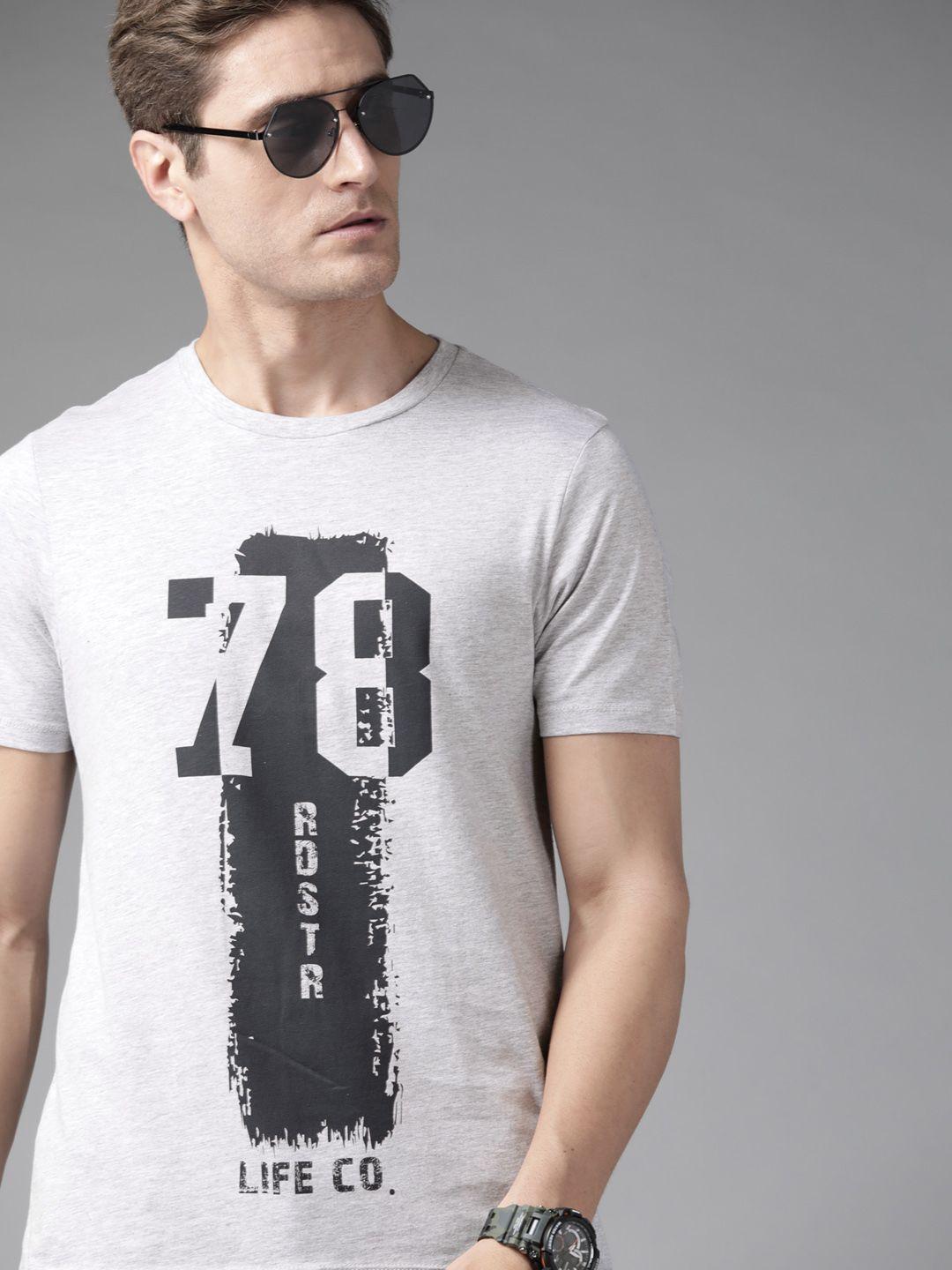 roadster men grey melange typography printed pure cotton graphic t-shirt