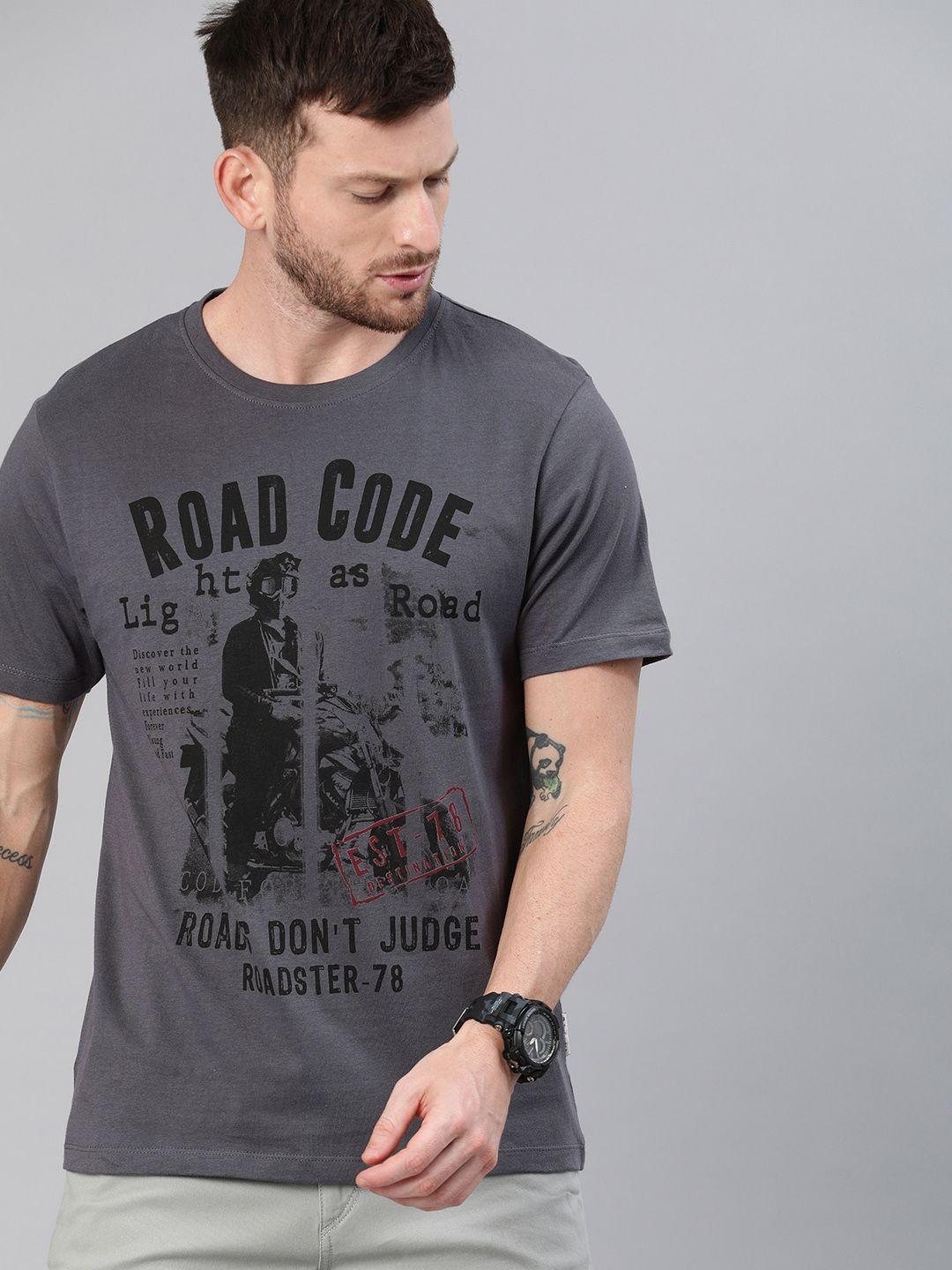 roadster men grey printed round neck pure cotton t-shirt