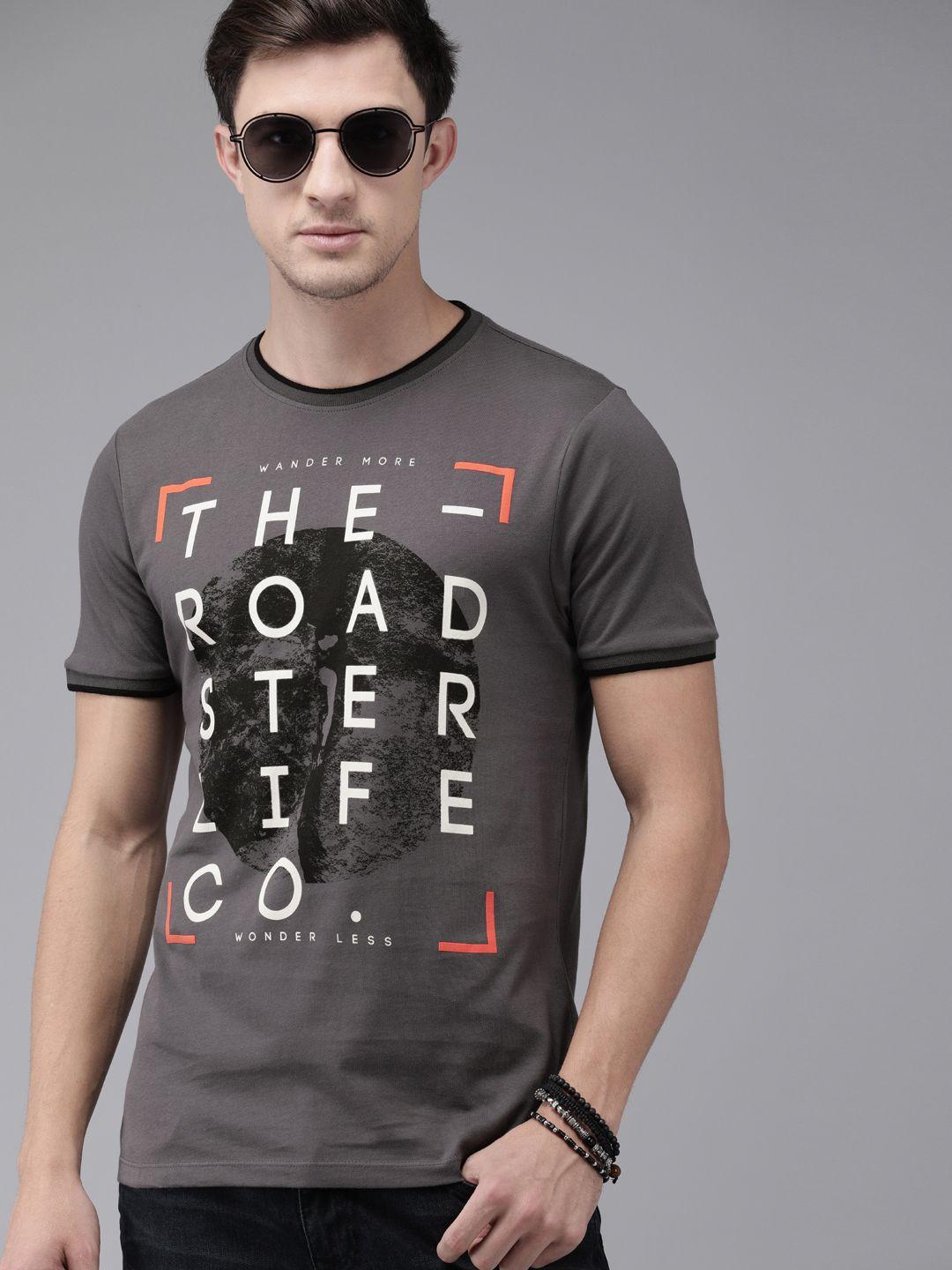 roadster men grey printed round neck t-shirt