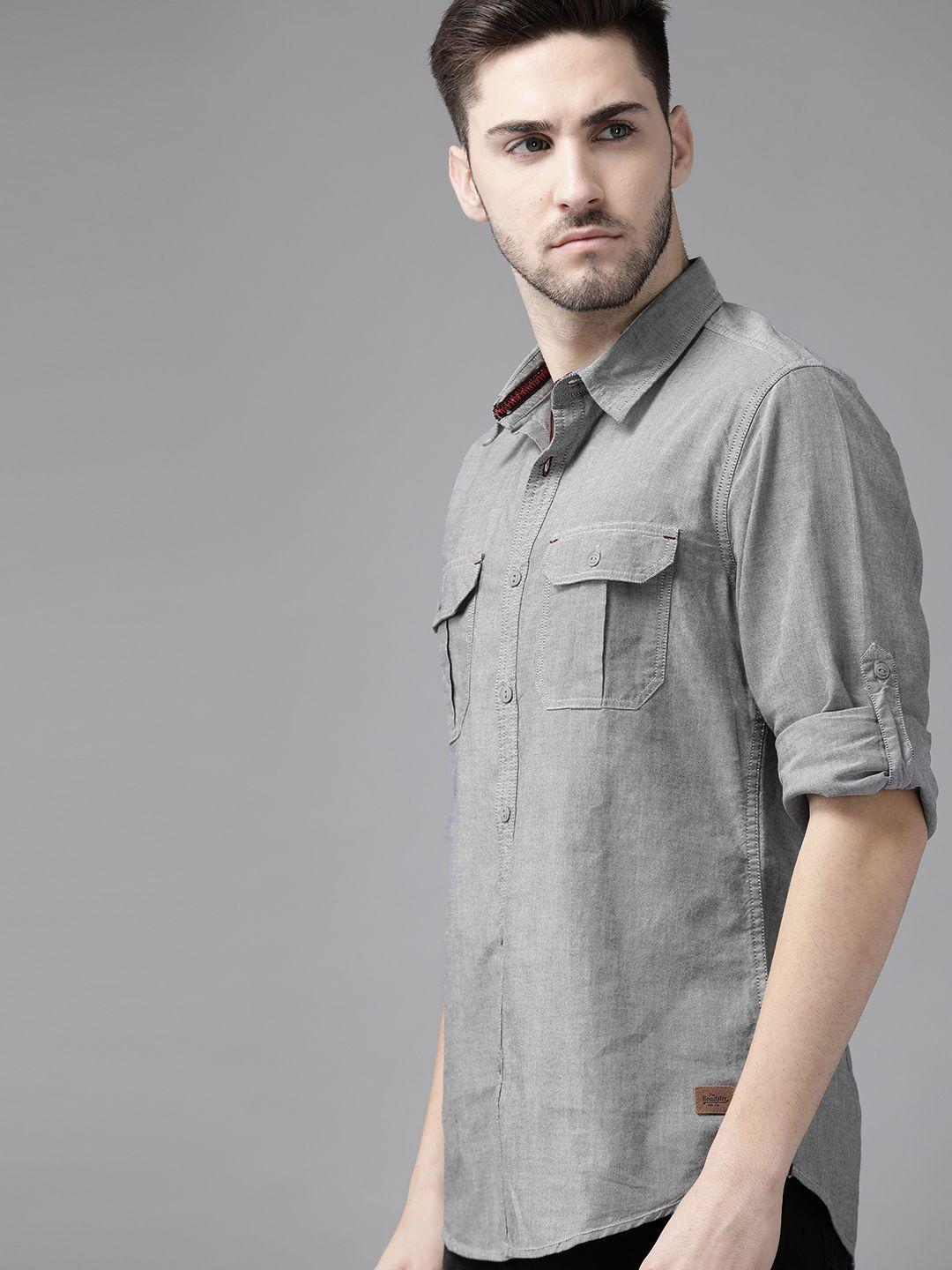 roadster men grey solid opaque pure cotton sustainable casual shirt