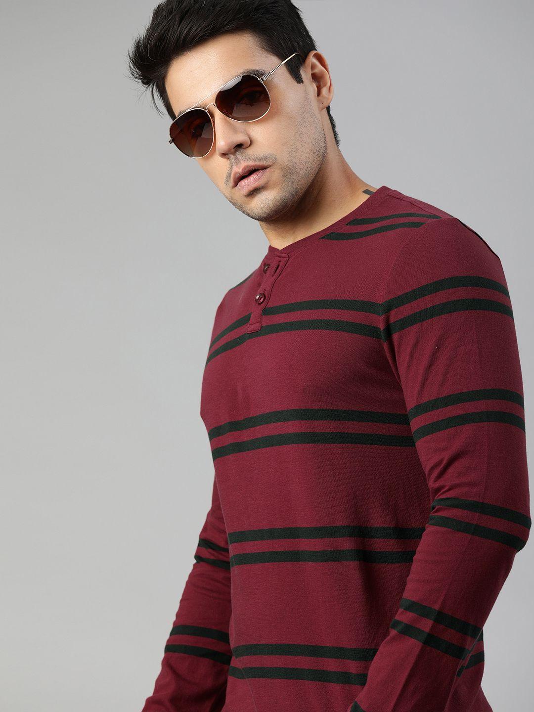 roadster men maroon  black striped henley neck pure cotton t-shirt