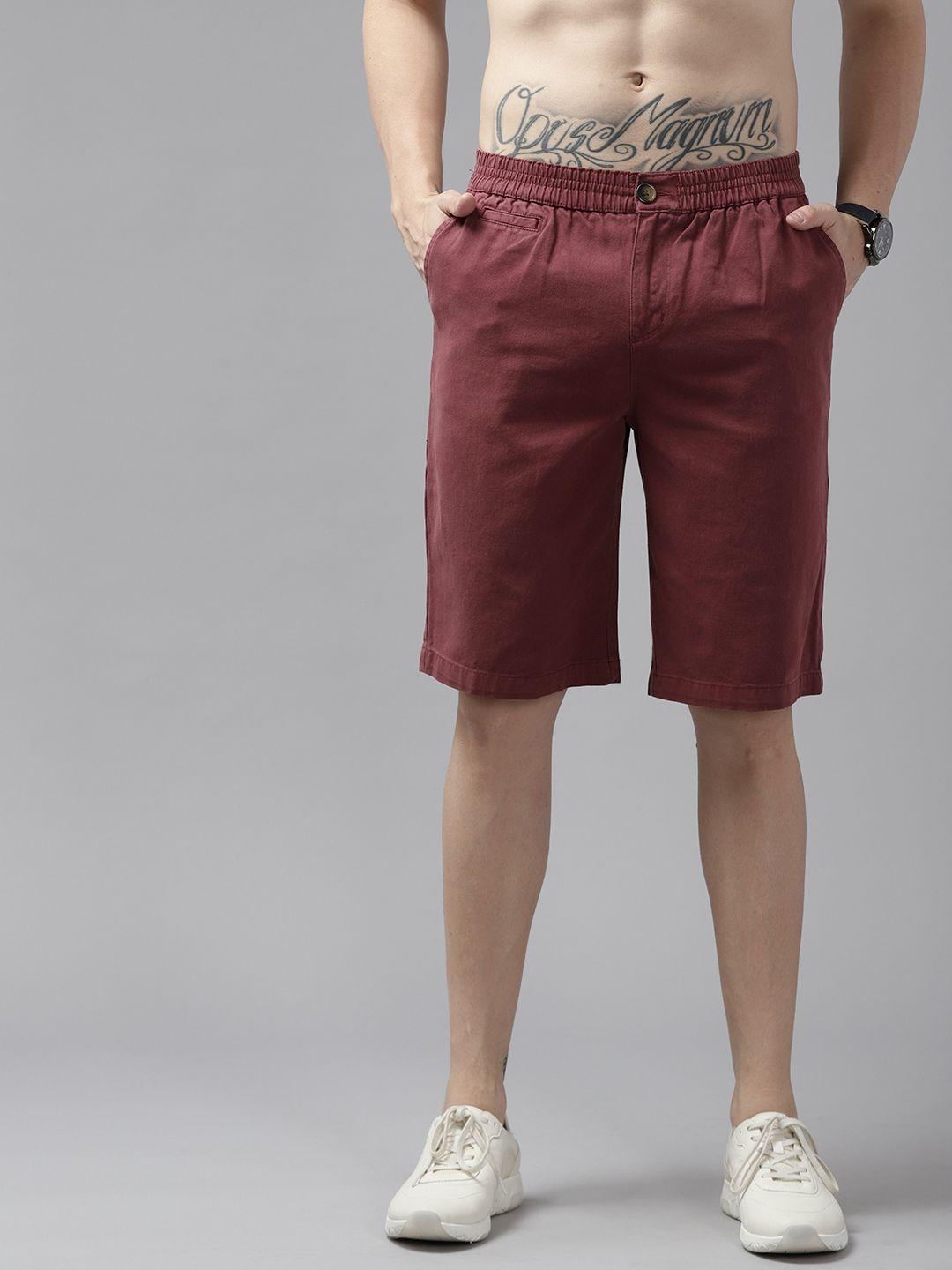 roadster men maroon pure cotton denim shorts