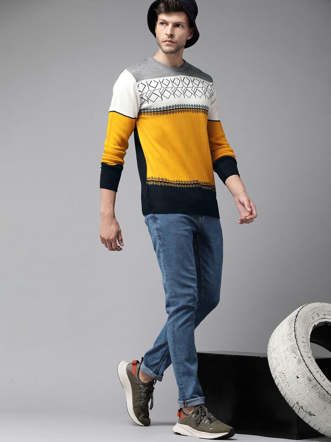 roadster men mustard & white colourblocked pullover with embroidered detail