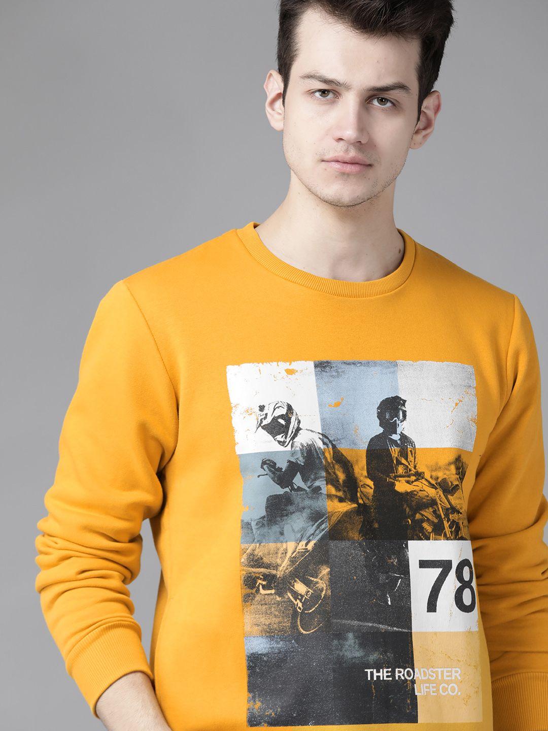 roadster men mustard yellow & off-white printed sweatshirt