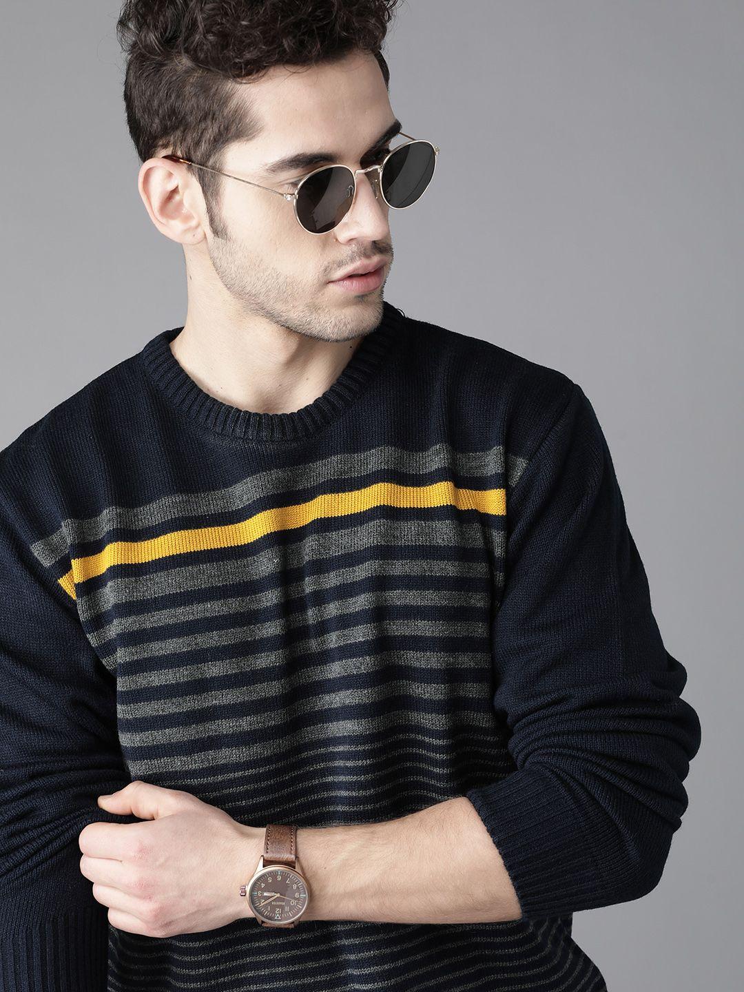 roadster men navy blue & charcoal grey striped pullover sweater