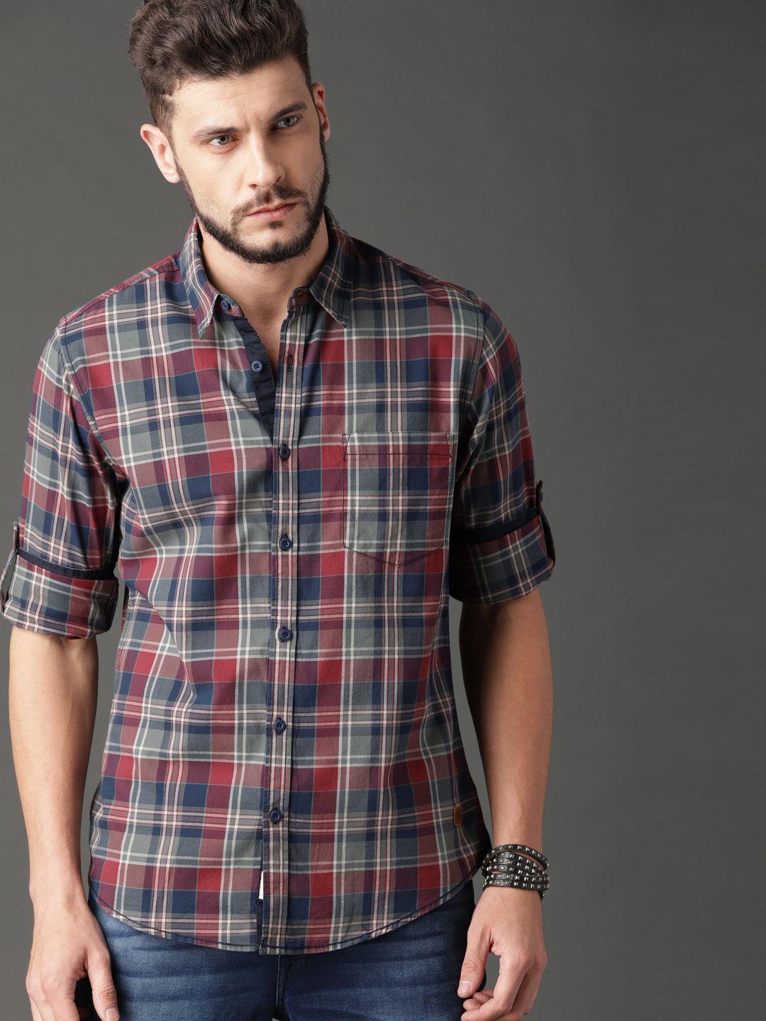 roadster men navy blue & grey checked casual sustainable shirt