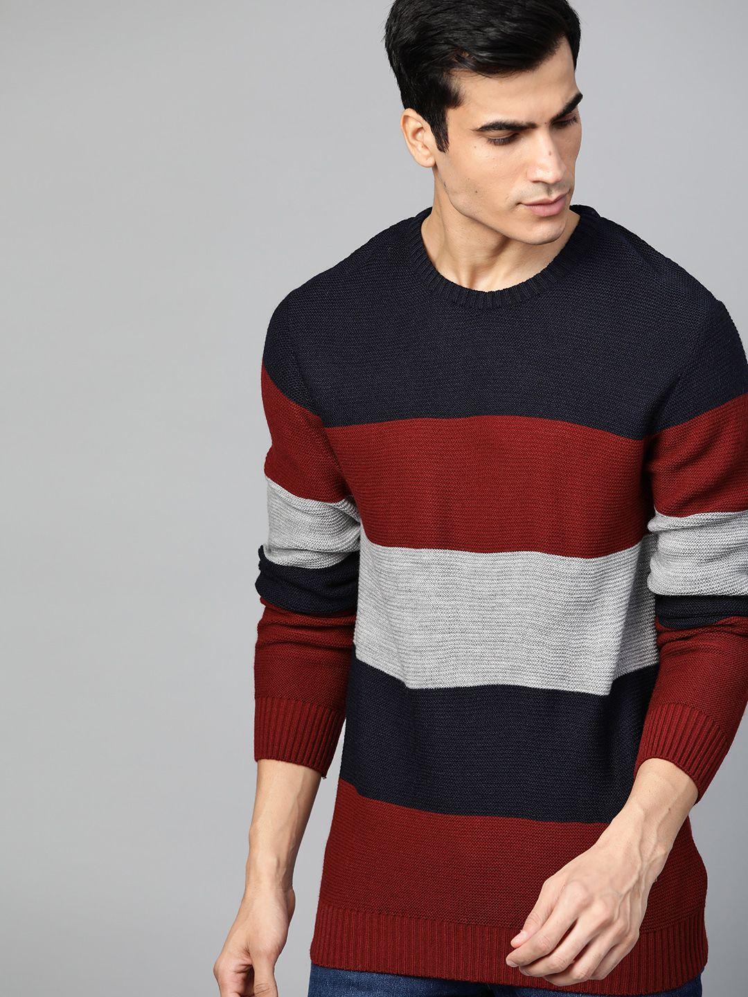 roadster men navy blue & maroon striped acrylic pullover sweater