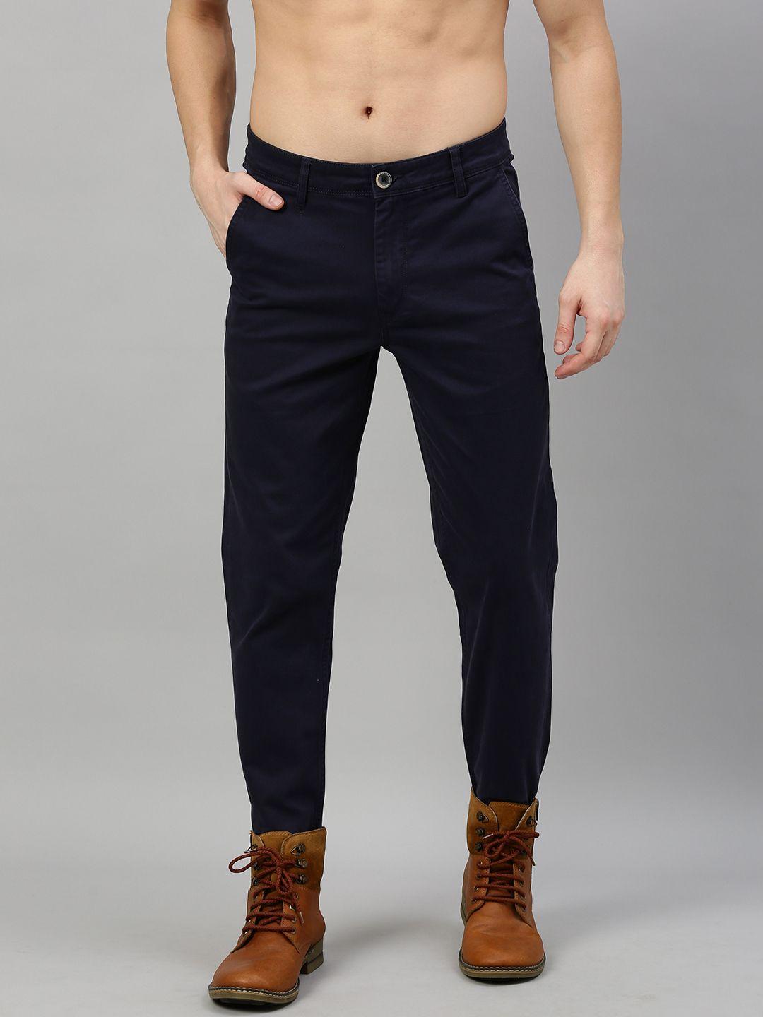 roadster men navy blue budford tapered fit solid regular trousers