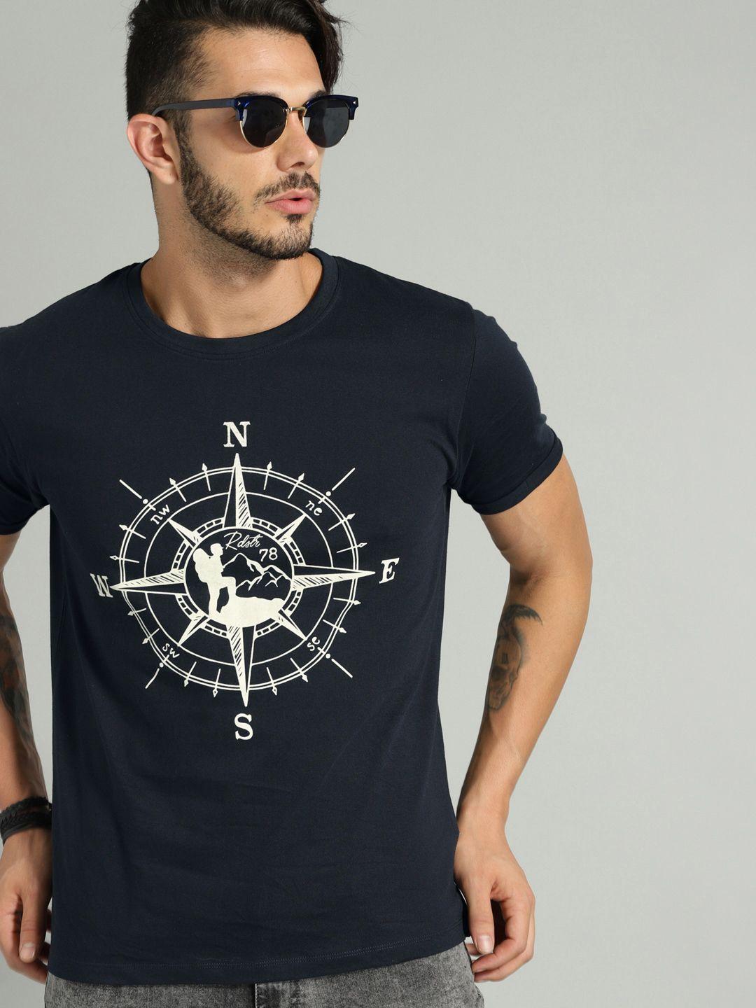 roadster men navy blue printed round neck pure cotton t-shirt