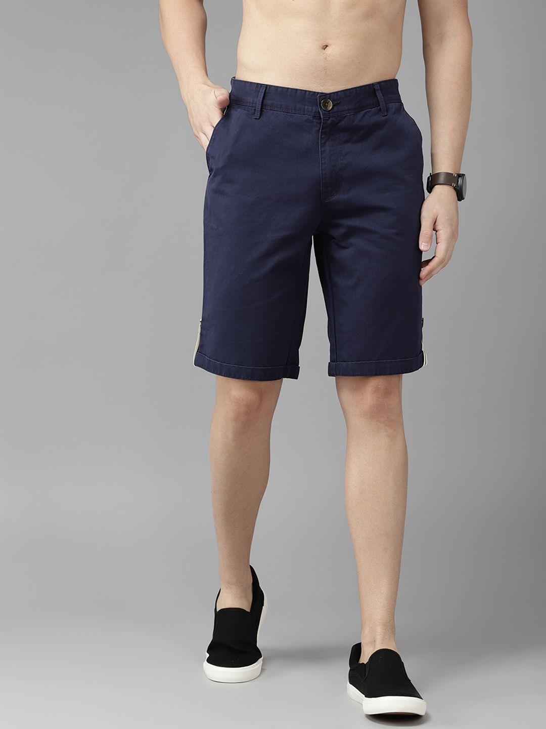 roadster men navy blue pure cotton solid chino shorts