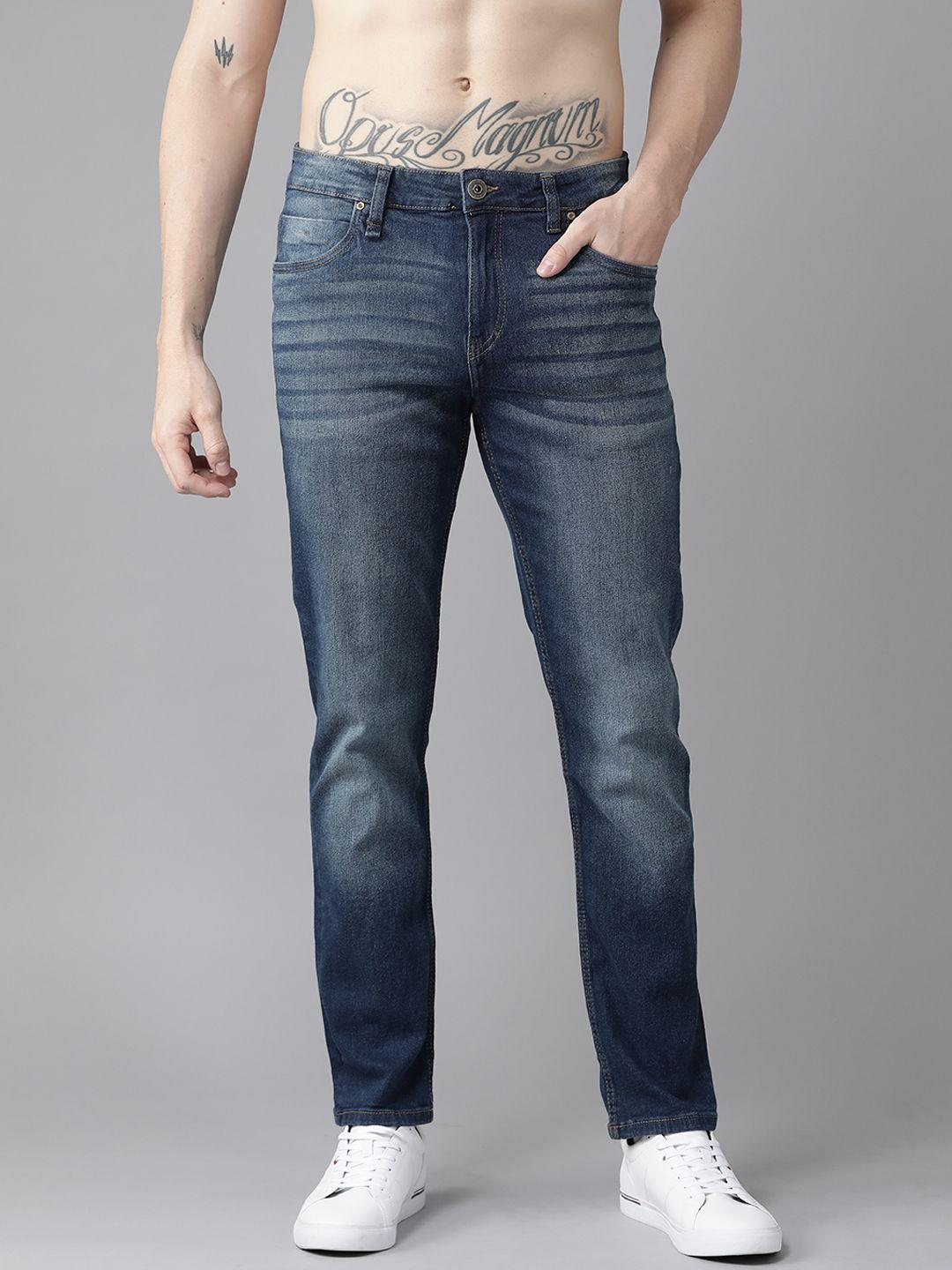 roadster men navy blue slim tapered fit light fade stretchable jeans