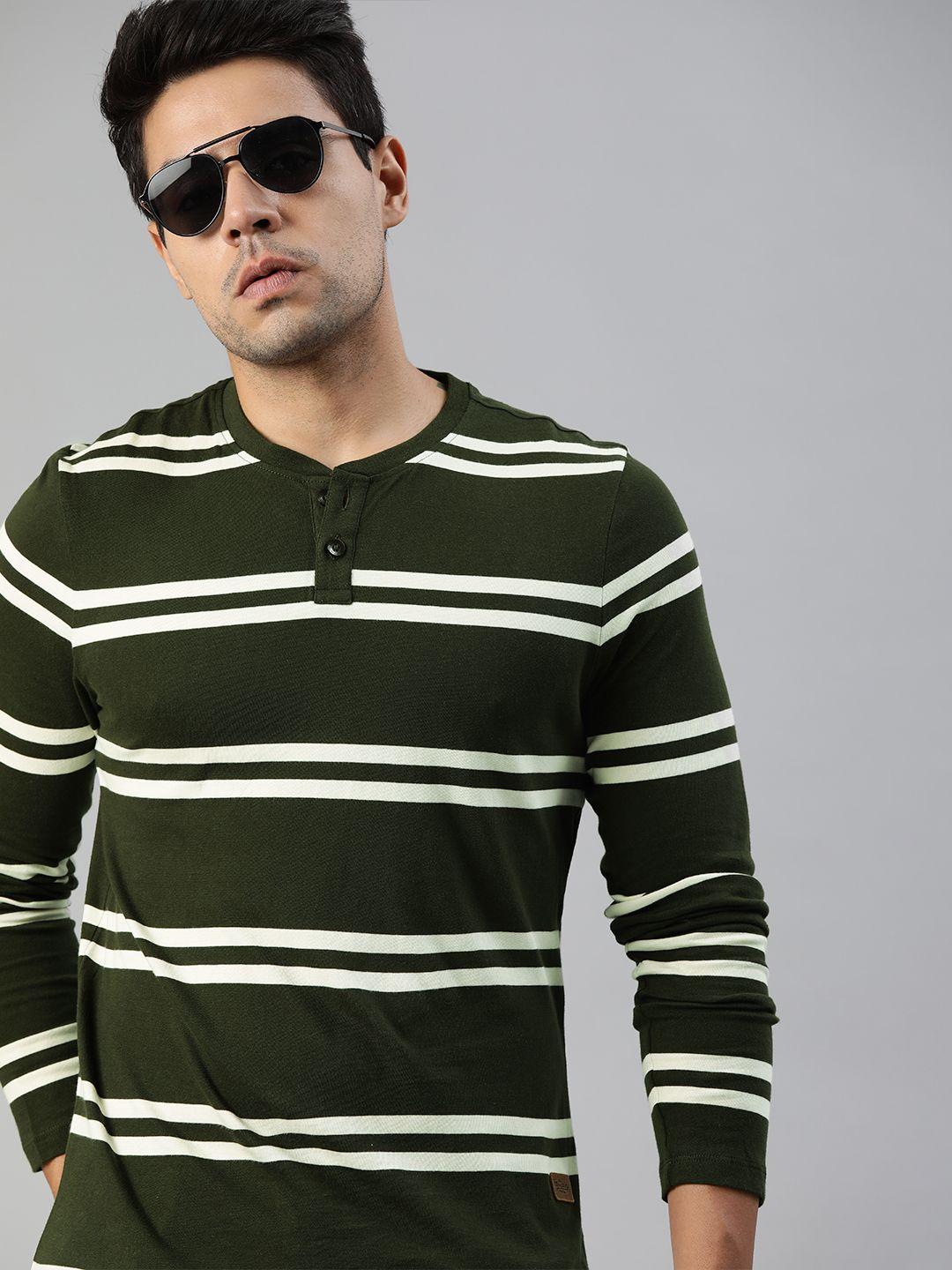 roadster men olive green  white striped henley neck pure cotton t-shirt
