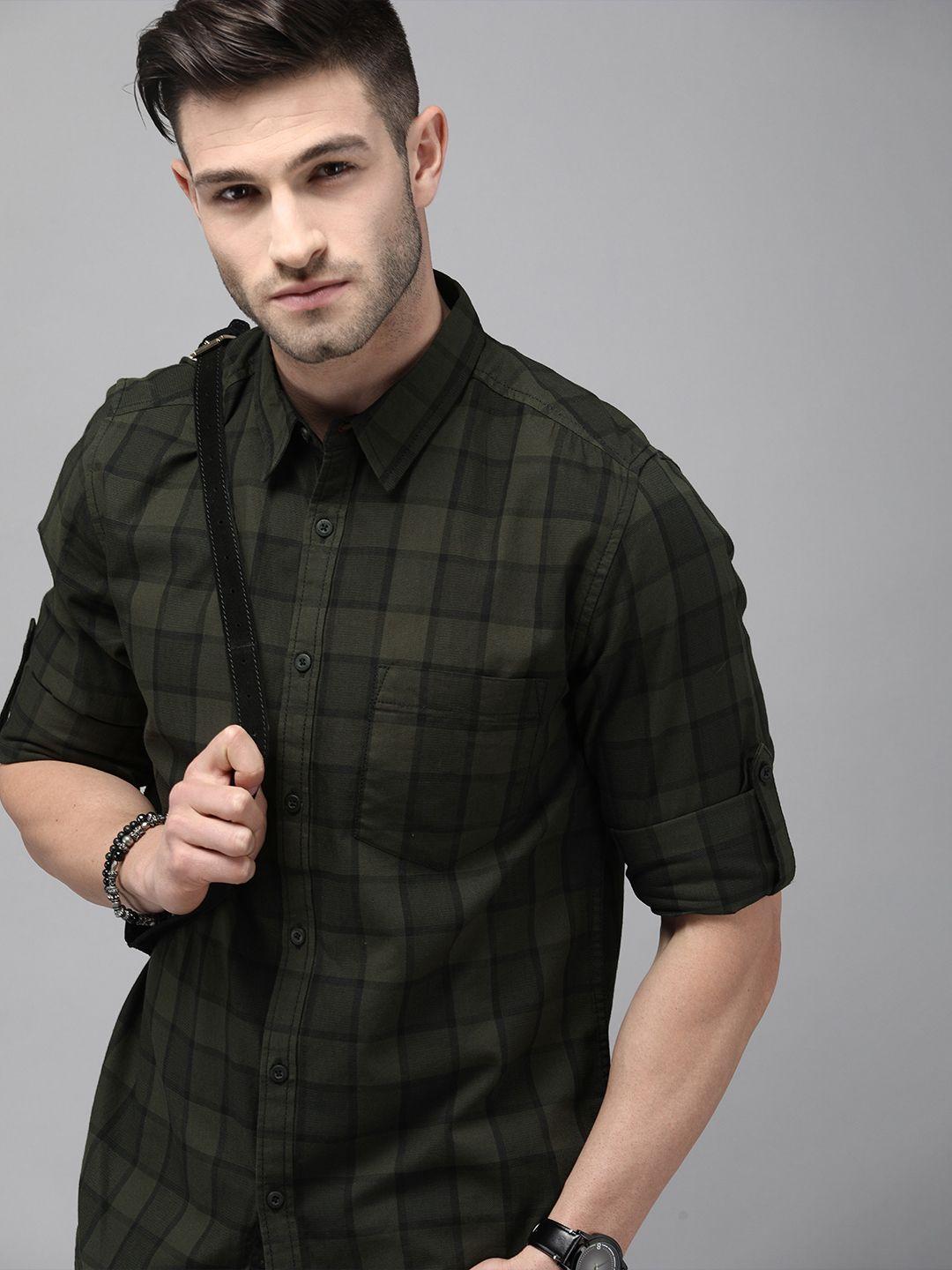 roadster men olive green & black checked pure cotton casual shirt