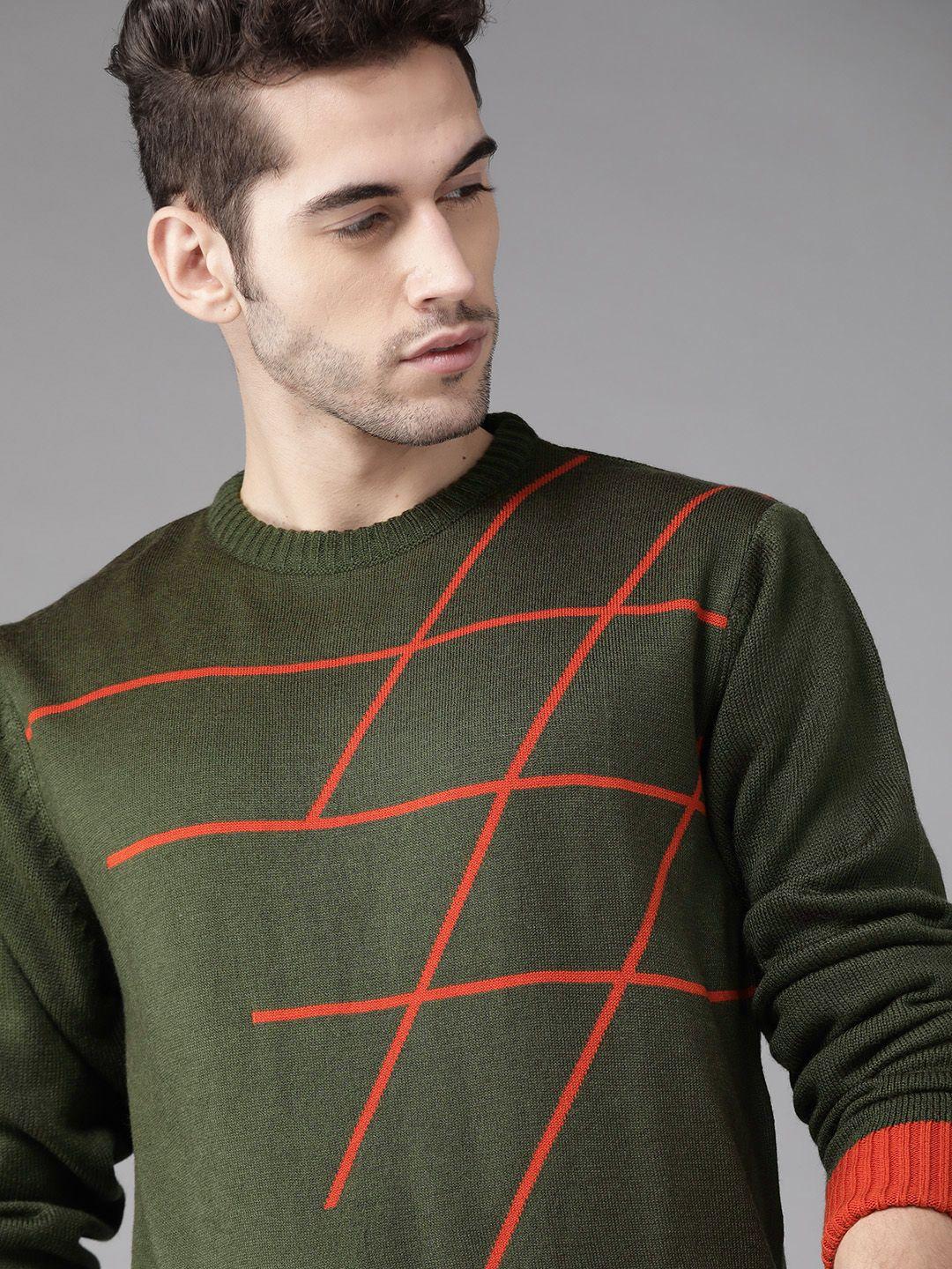 roadster men olive green & orange printed pullover sweater