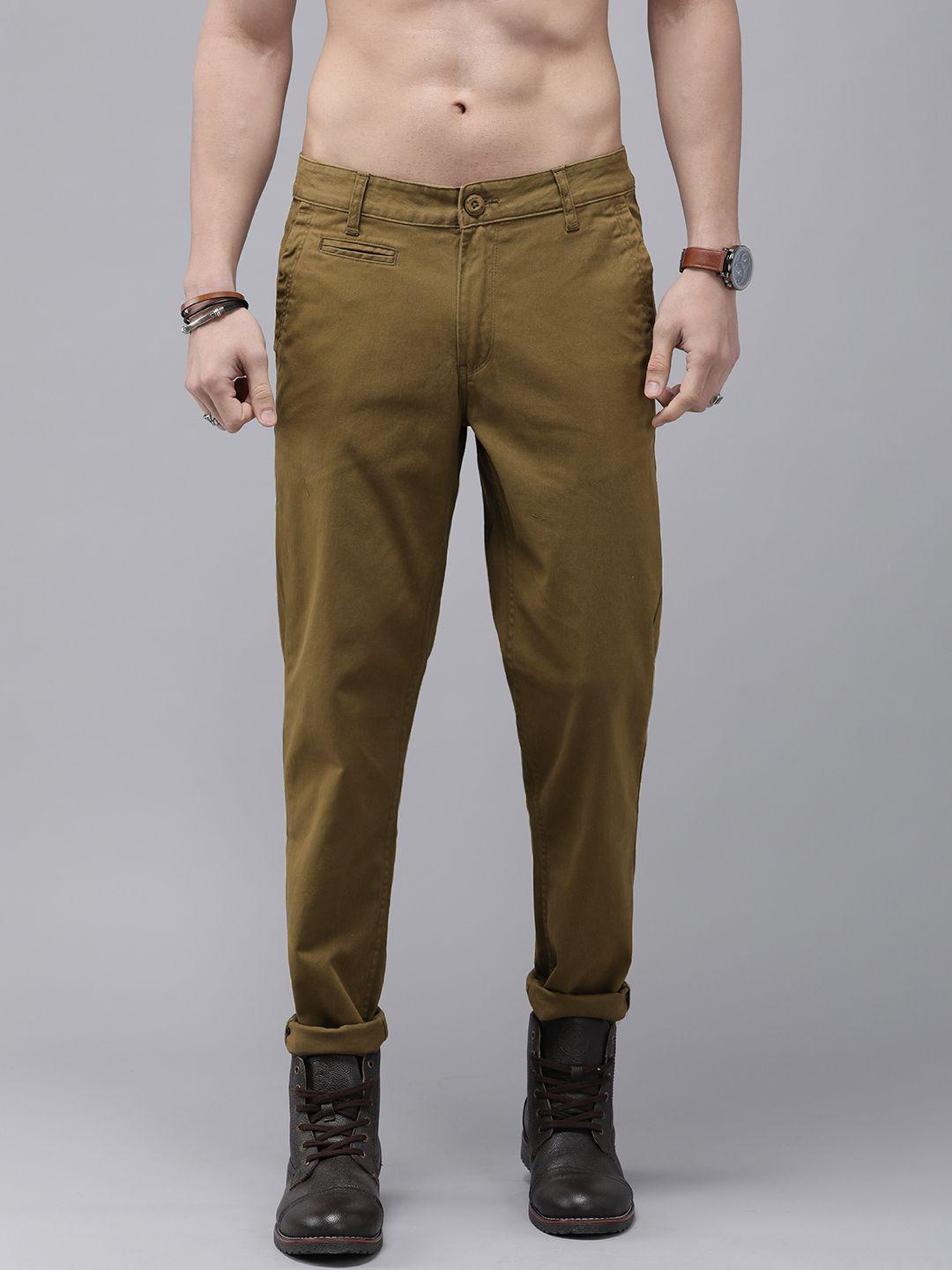 roadster men olive green solid mid rise casual chinos trousers