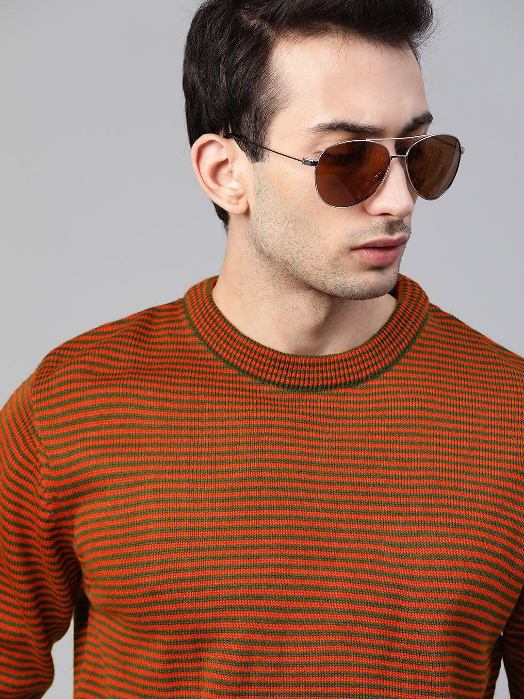 roadster men orange & green striped pullover sweater