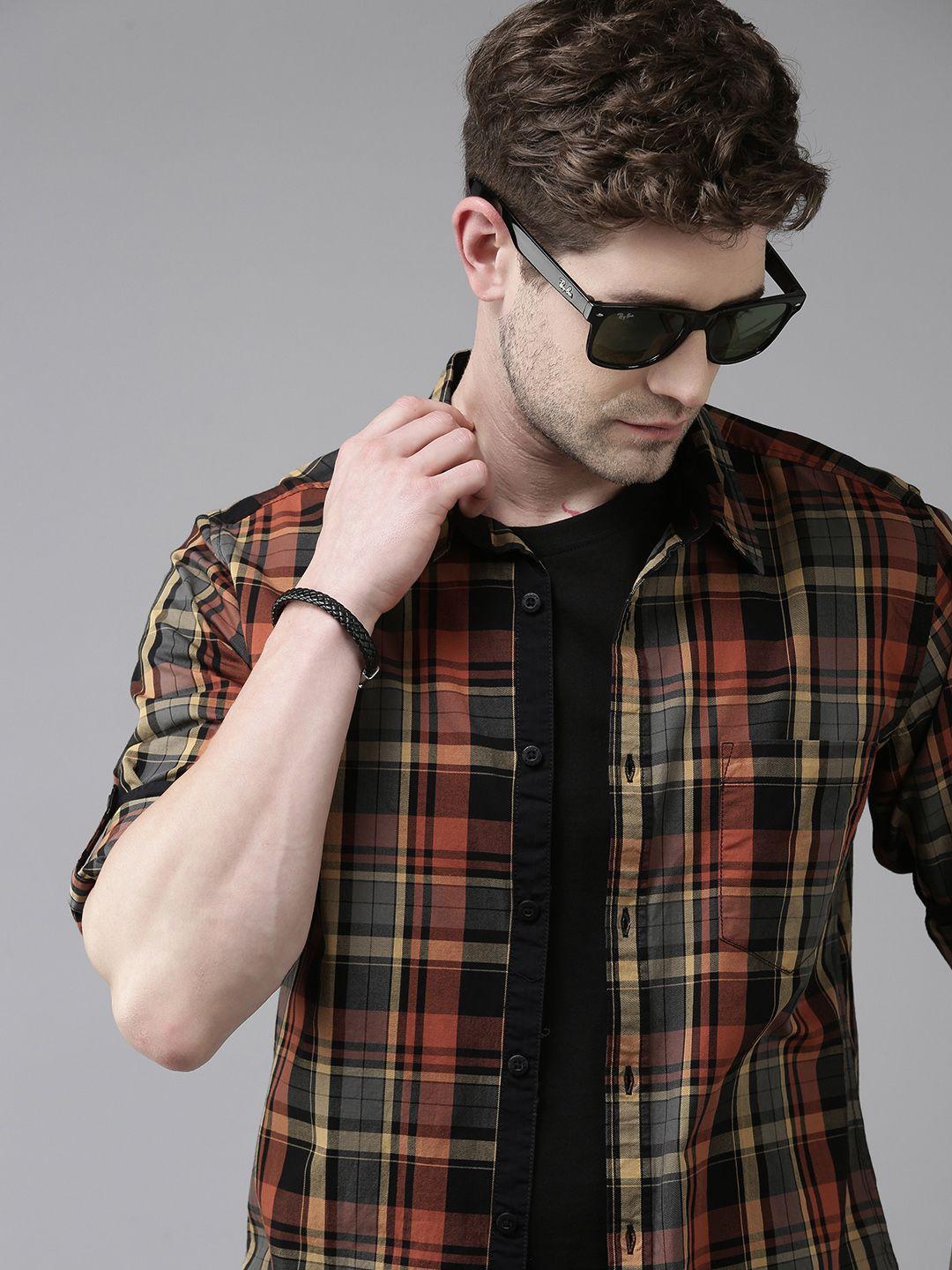 roadster men red and black tartan checked pure cotton casual shirt