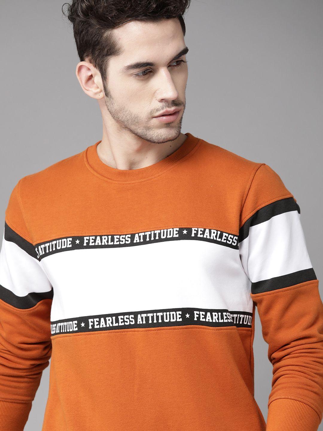 roadster men rust orange & white colourblocked sweatshirt