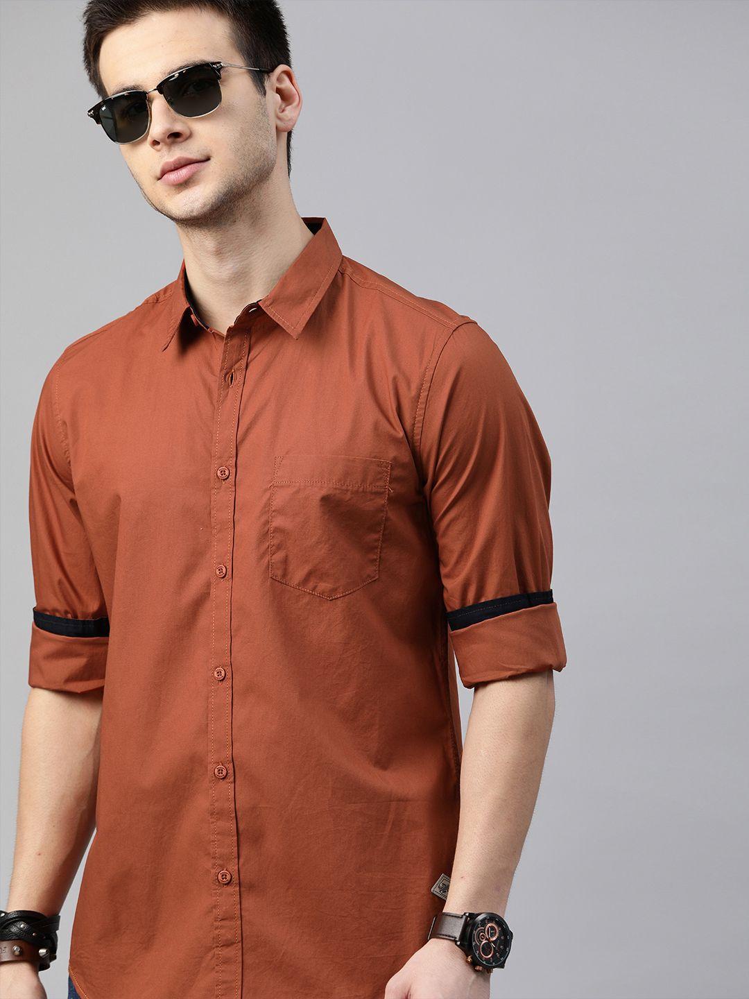 roadster men rust regular fit solid sustainable casual shirt