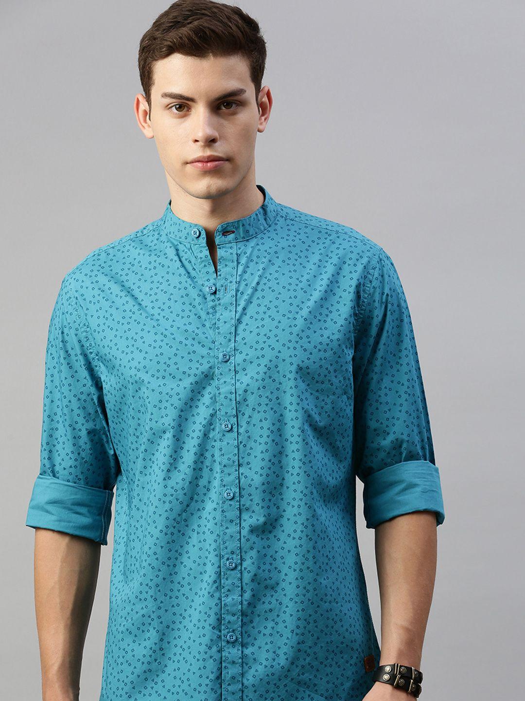 roadster men teal blue regular fit printed sustainable casual shirt