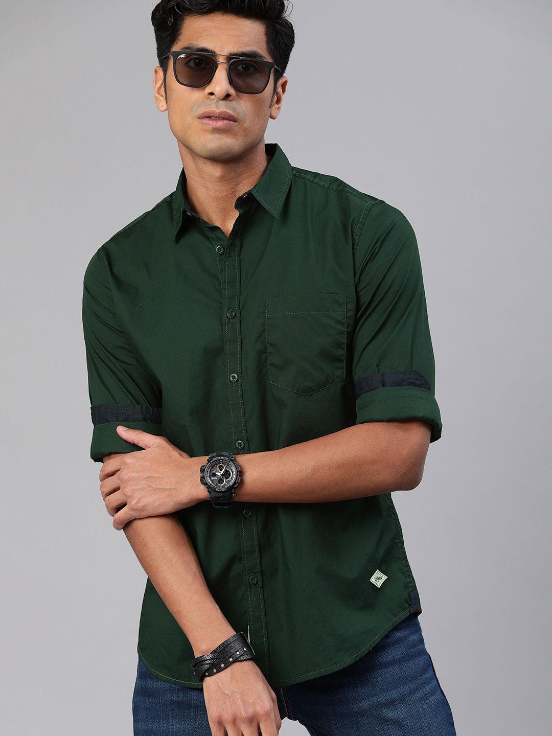roadster men teal green regular fit solid sustainable casual shirt