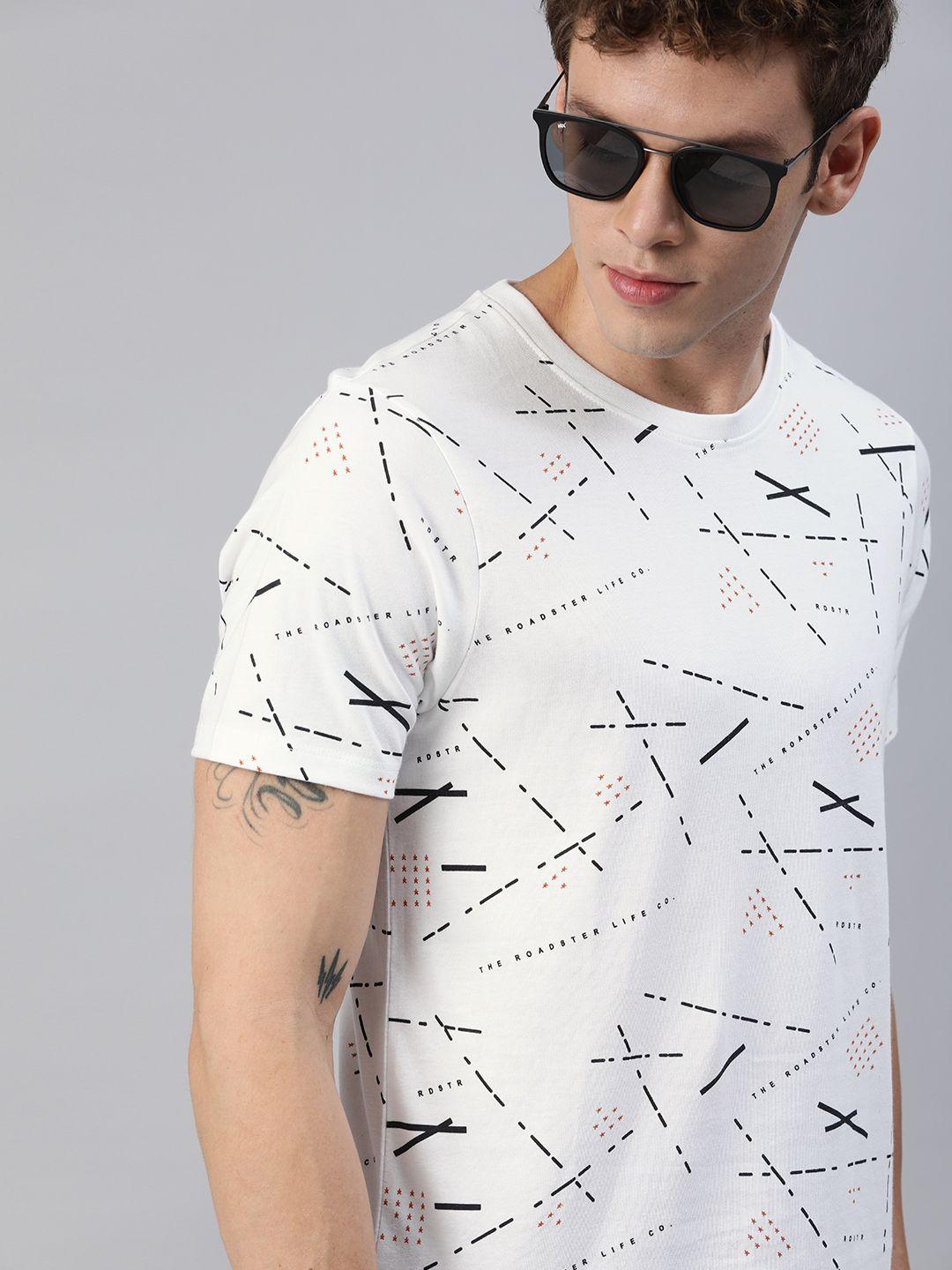 roadster men white printed round neck pure cotton t-shirt