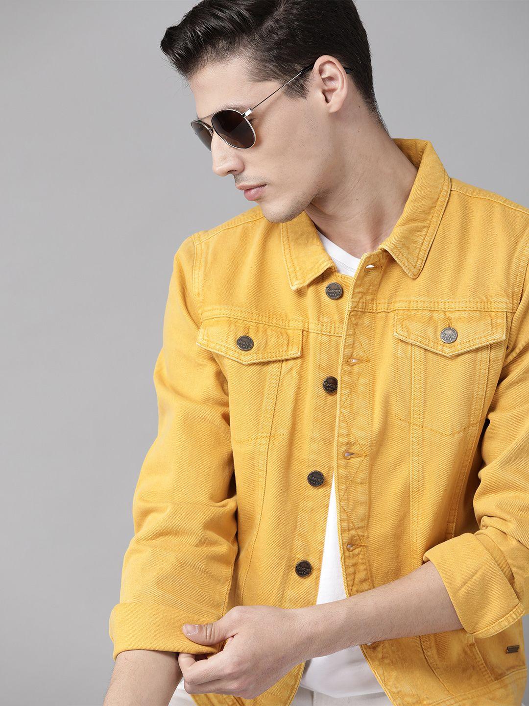 roadster men yellow solid denim jacket