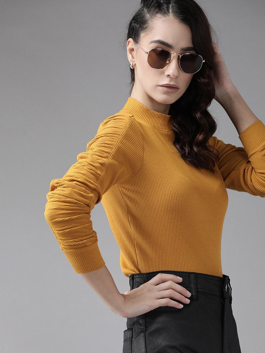roadster mustard yellow solid ribbed ruched  top