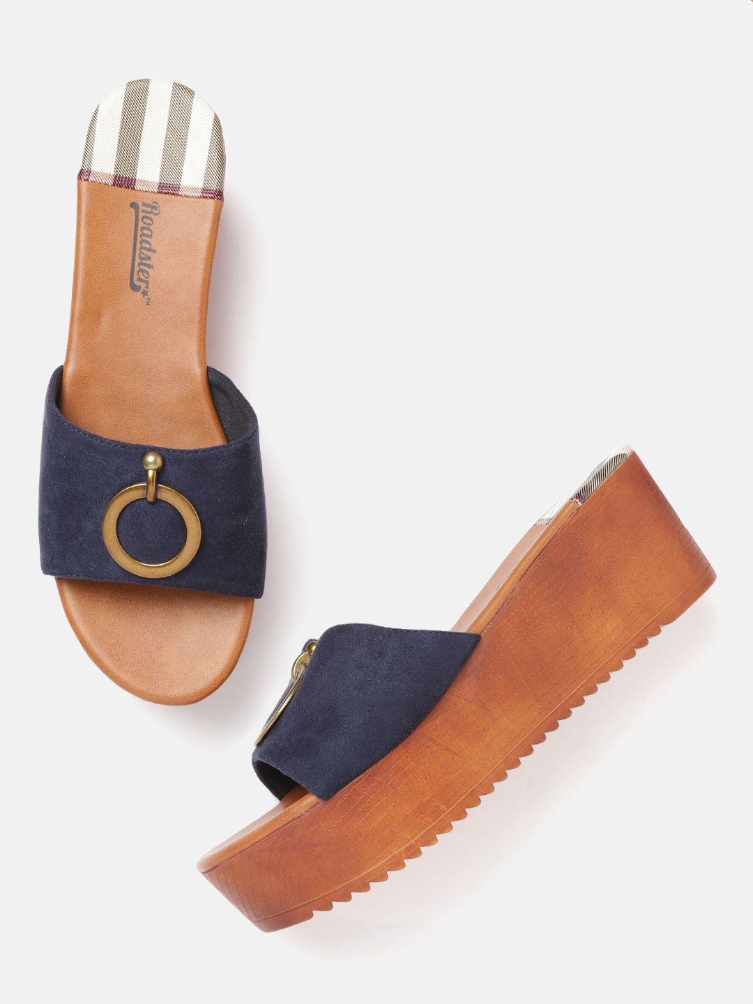 roadster navy blue & gold-toned solid suede finish wedges