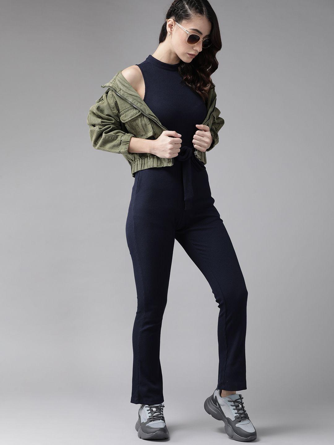 roadster navy blue solid ribbed jumpsuit