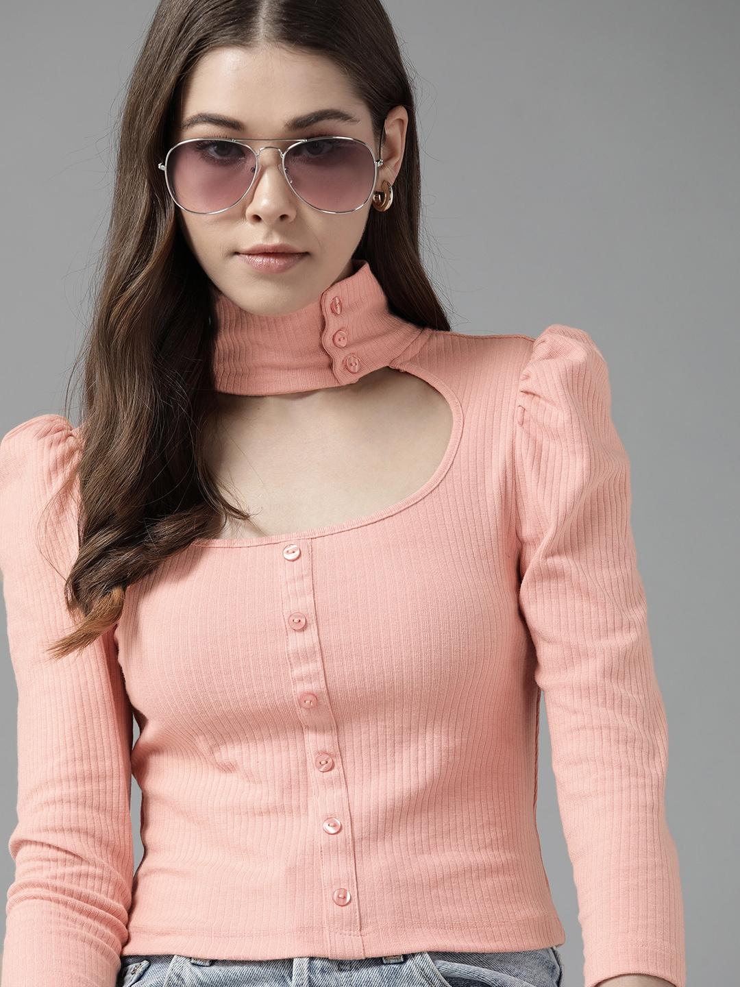 roadster pink ribbed top with puff sleeves
