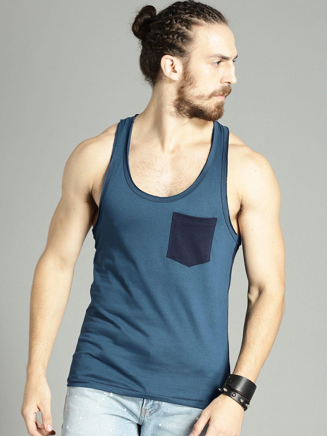 roadster time travlr men teal blue sleveless t-shirt with raw edges