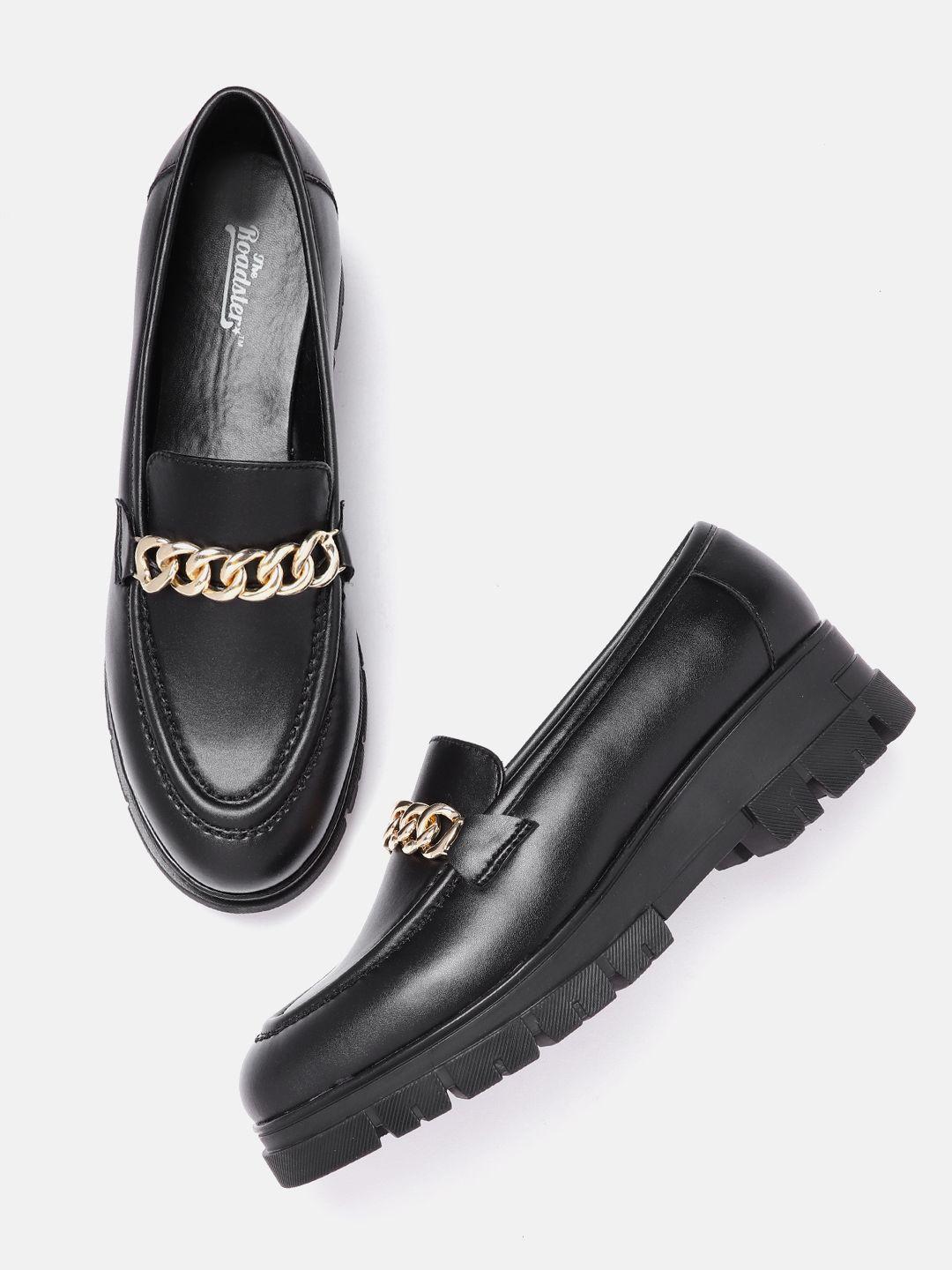 roadster women black & gold-toned solid link platform loafers