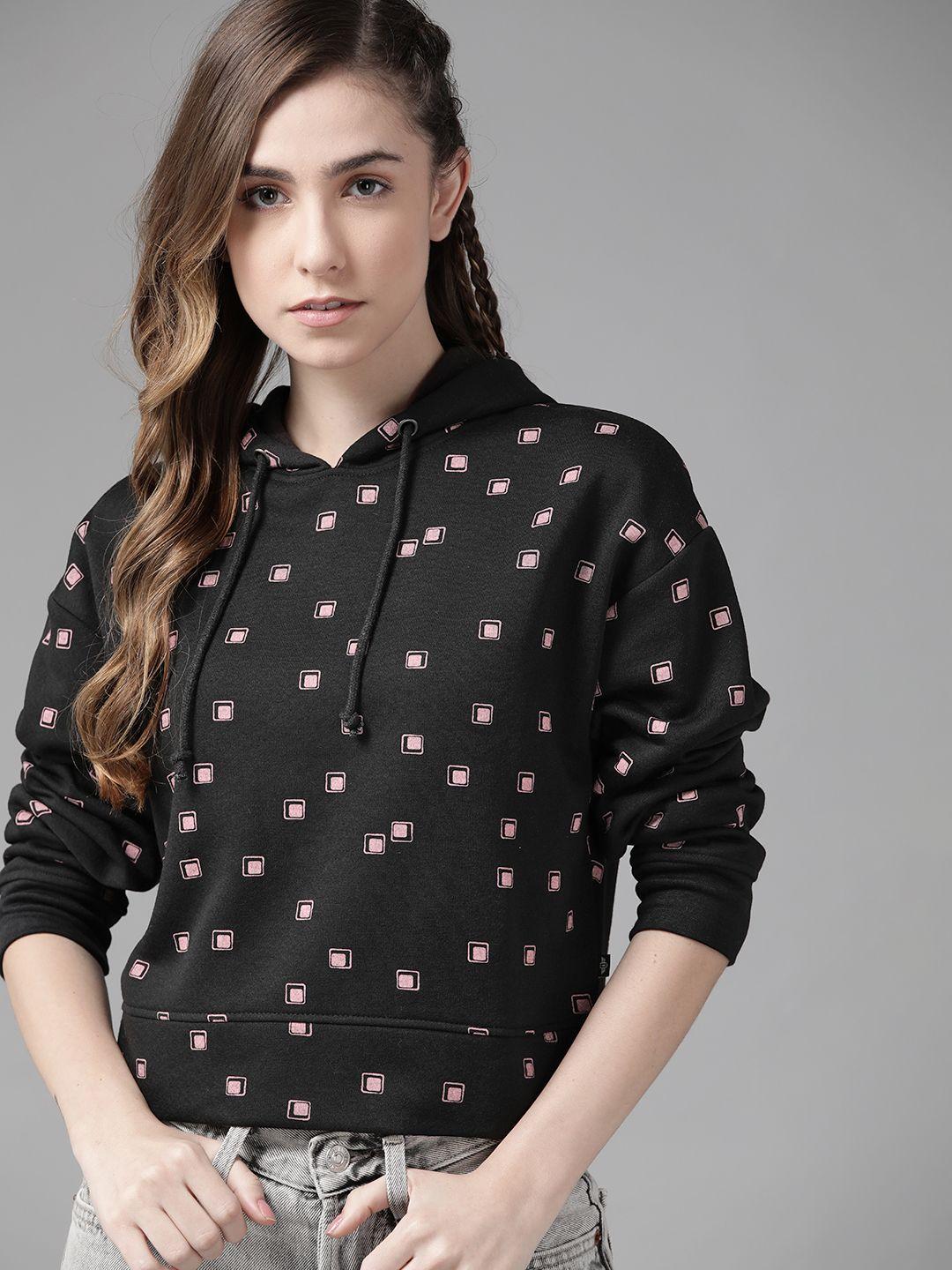 roadster women black & pink geometric printed hooded sweatshirt