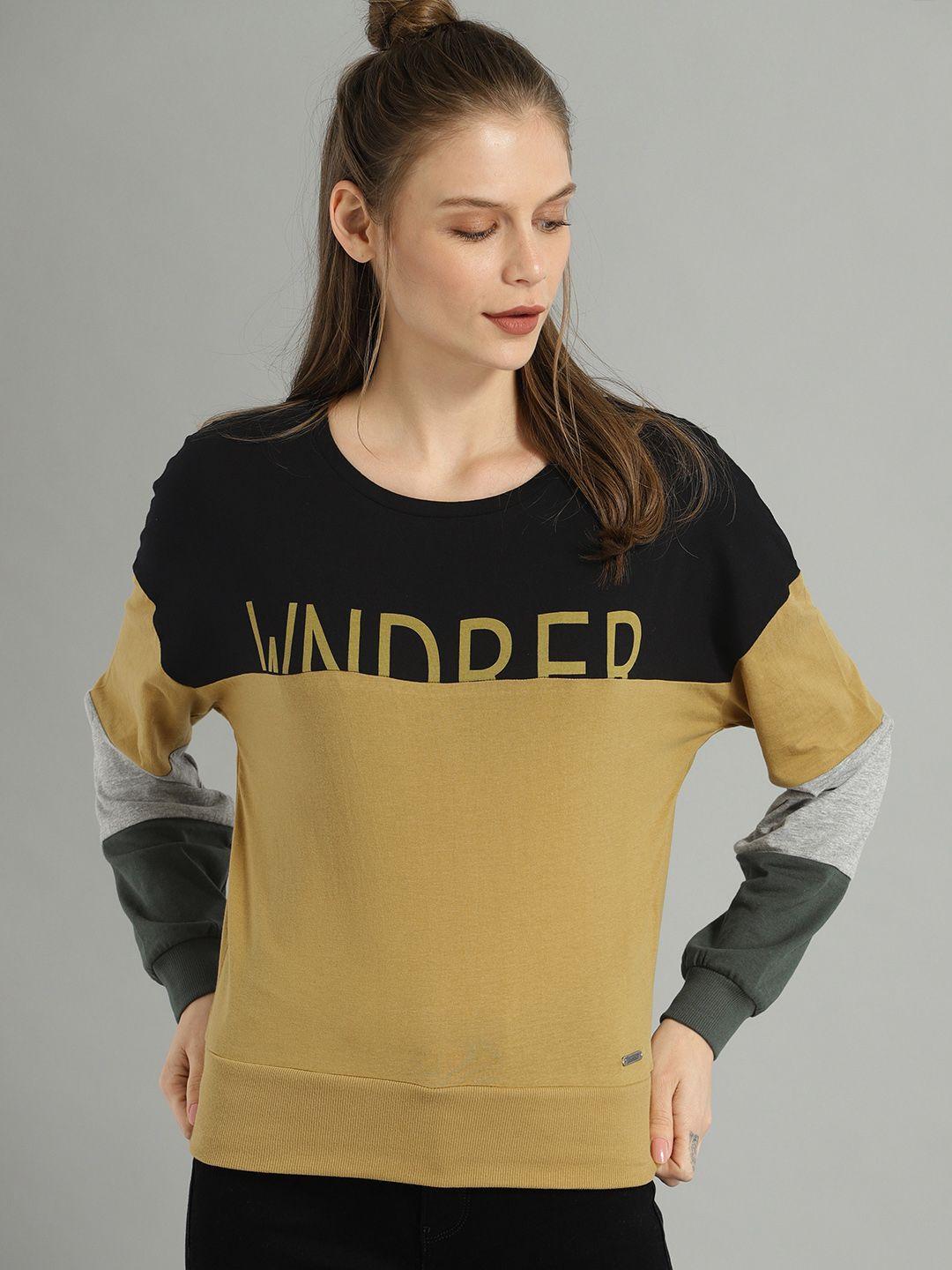 roadster women black & yellow colourblocked round neck t-shirt