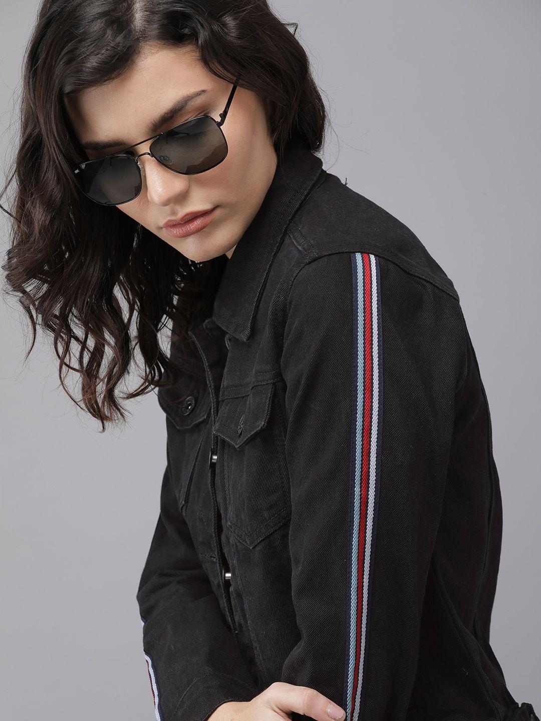 roadster women black side taped crop denim jacket