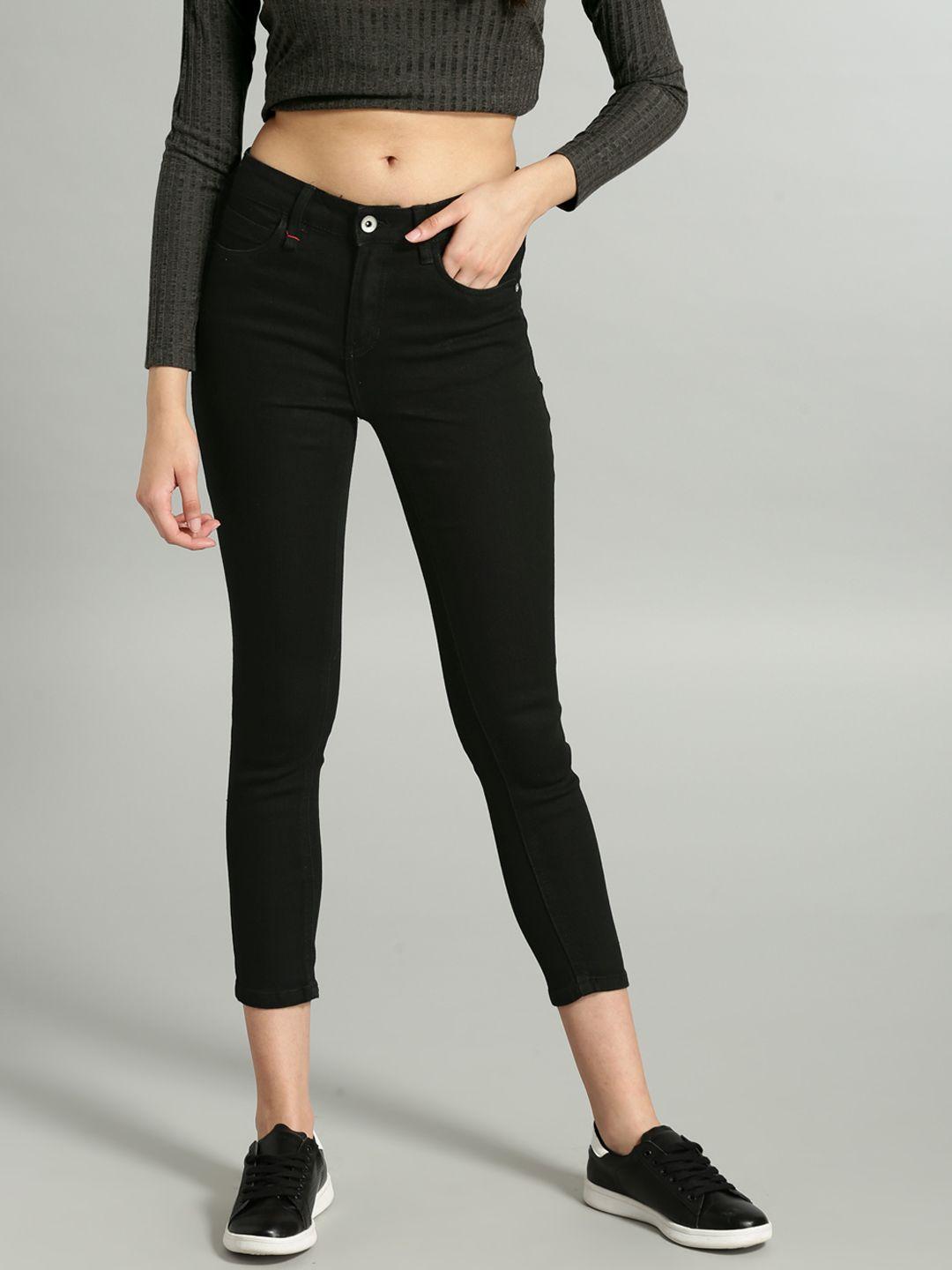 roadster women black skinny fit mid-rise clean look stretchable cropped jeans