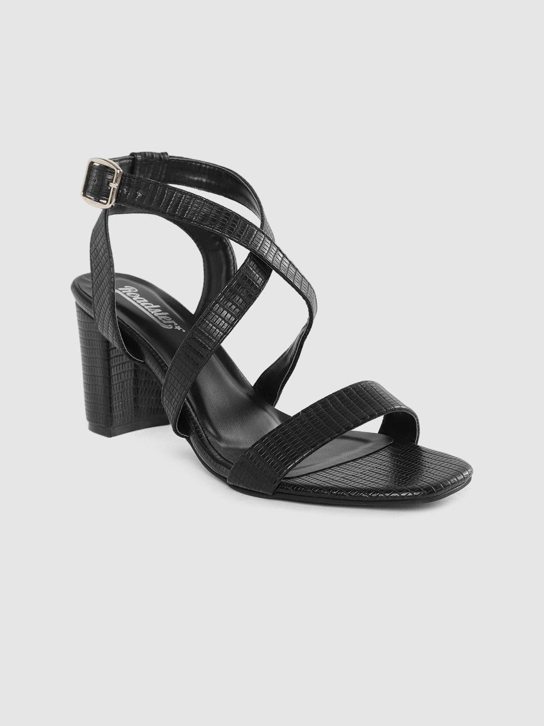 roadster women black snakeskin textured block heels