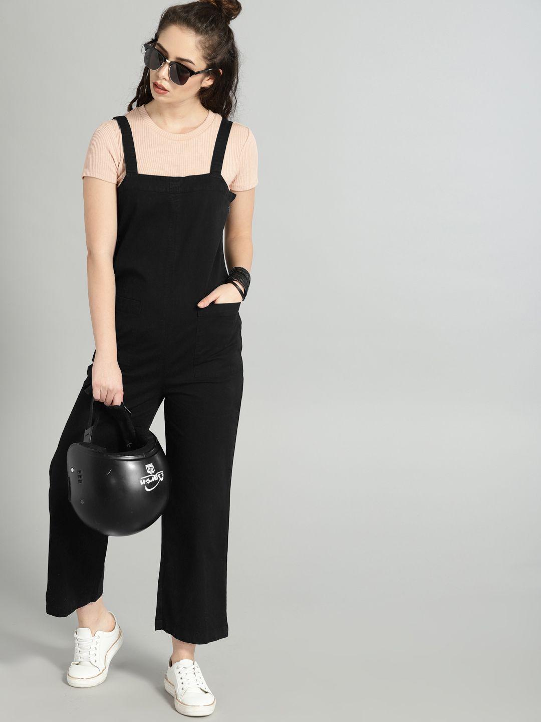roadster women black solid dungarees