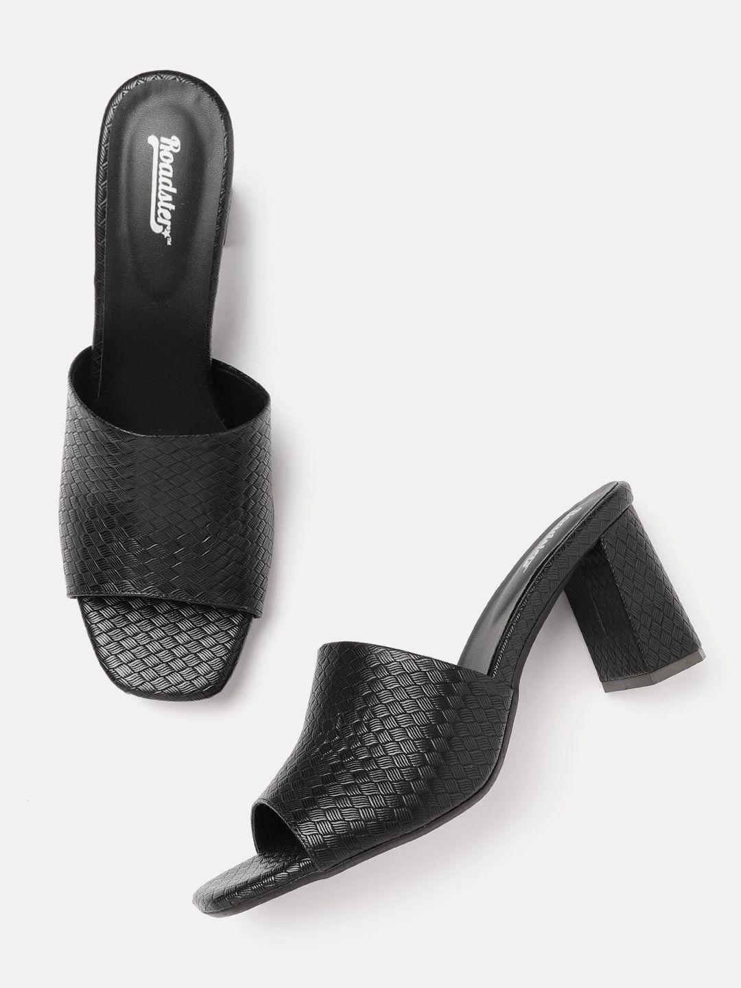 roadster women black textured block heel sandals