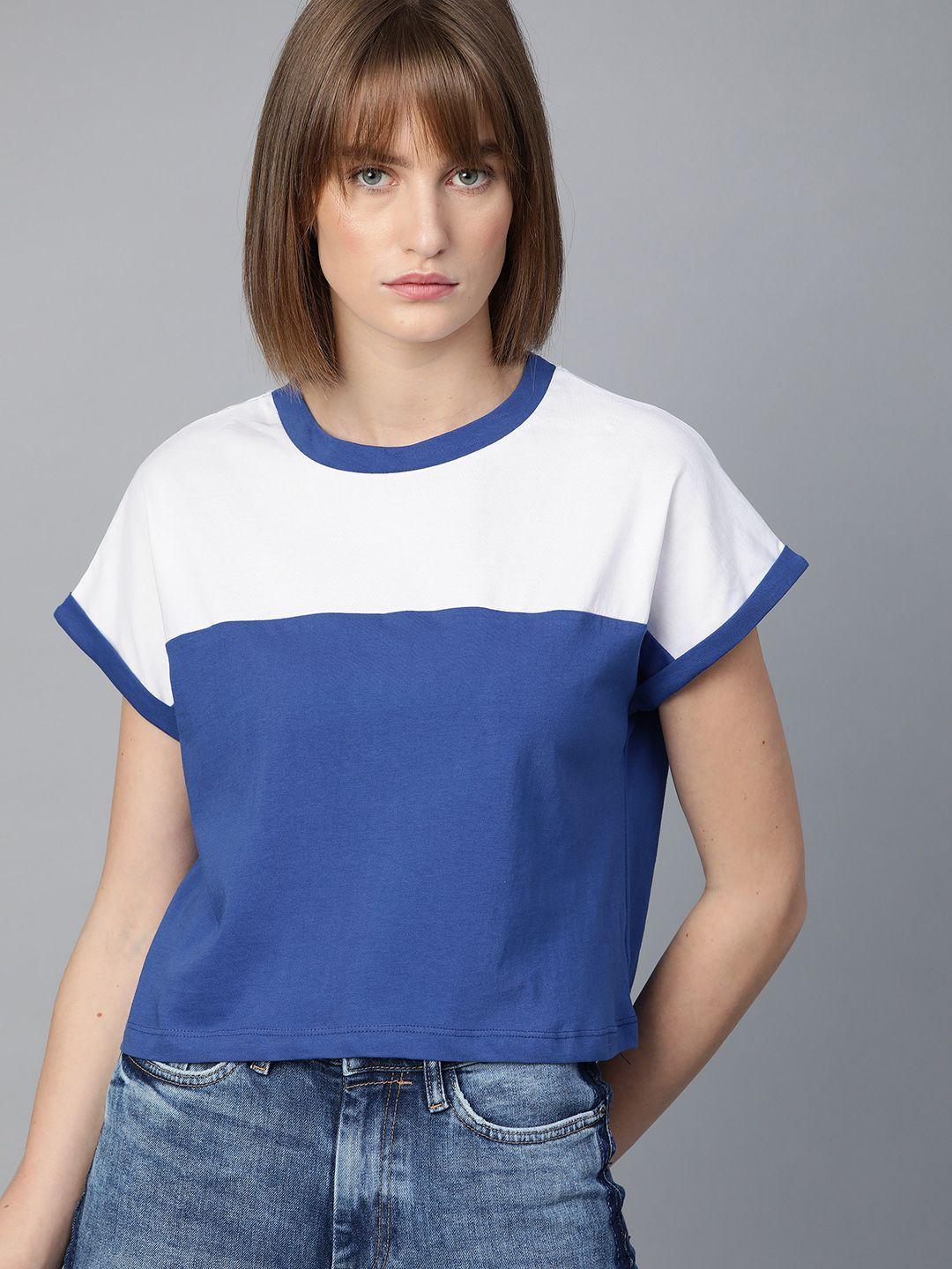 roadster women blue & white colourblocked round neck cropped boxy t-shirt