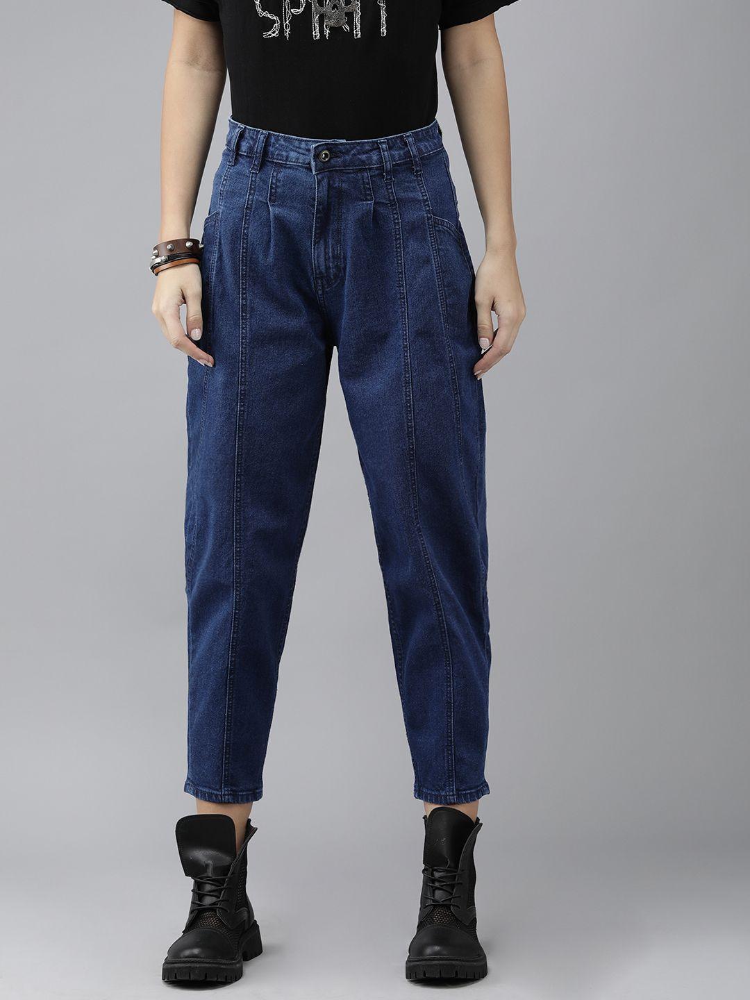 roadster women blue solid mid-rise slouchy cropped jeans